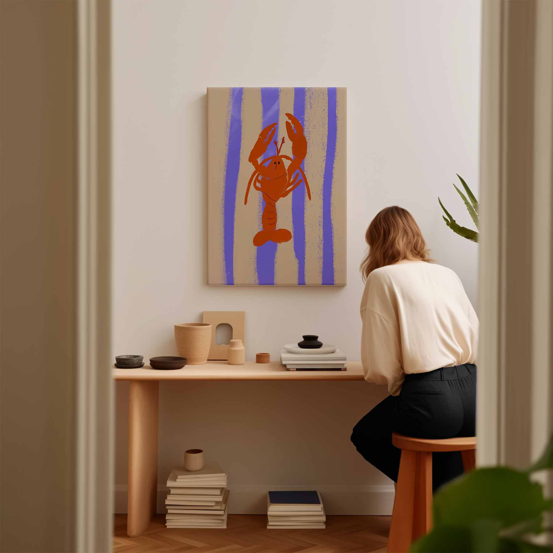 Dansende Kreeft op Streepjesachtergrond Kunstwerk-canvas-dibond-plexiglas-wanddecoratie-WallArtistic