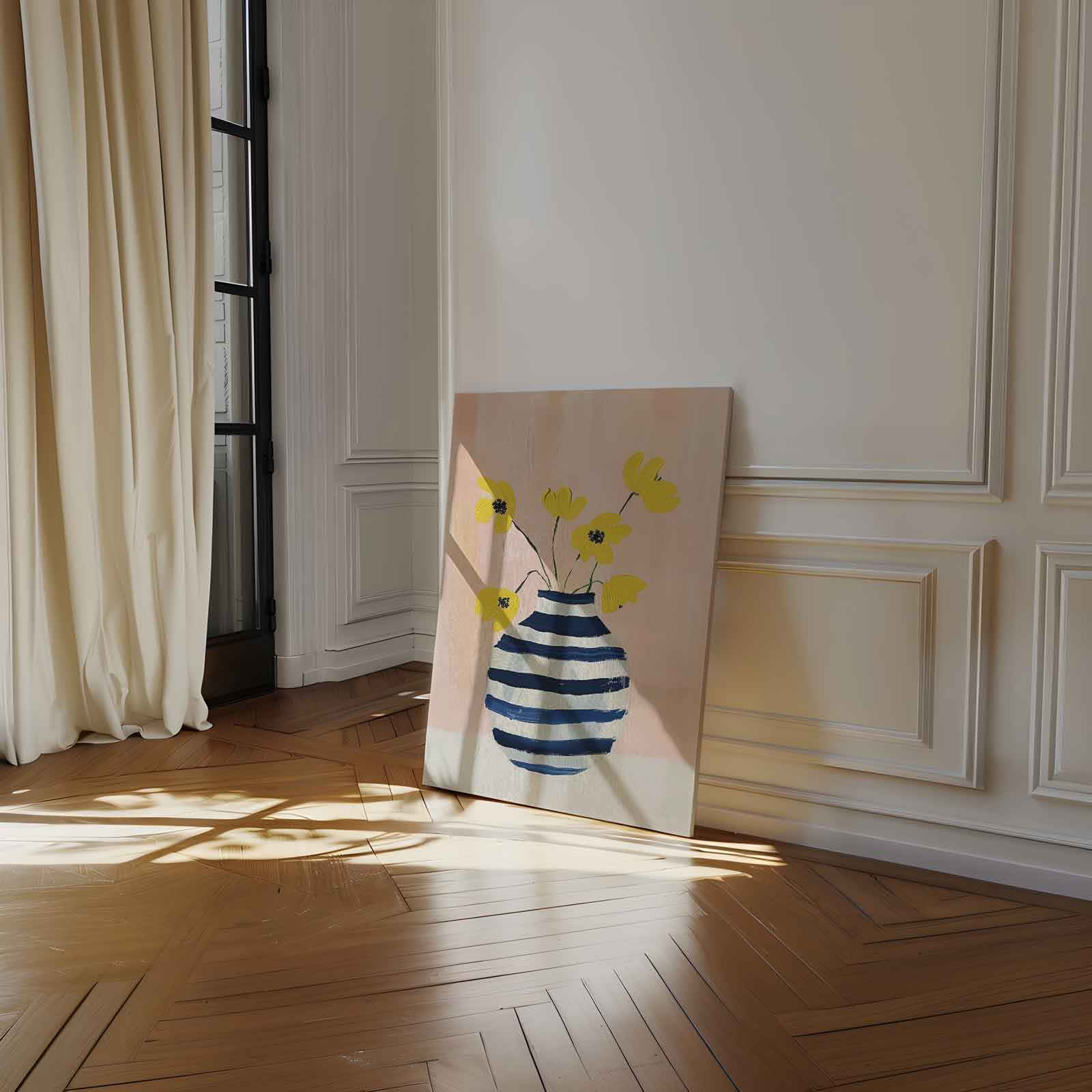 Zonnige Bloemen in Gestreepte Vaas Kunstwerk-canvas-dibond-plexiglas-wanddecoratie-WallArtistic