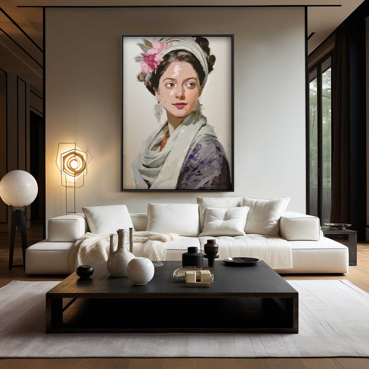 Elegant portret van vrouw met bloem Kunstwerk-canvas-dibond-plexiglas-wanddecoratie-WallArtistic