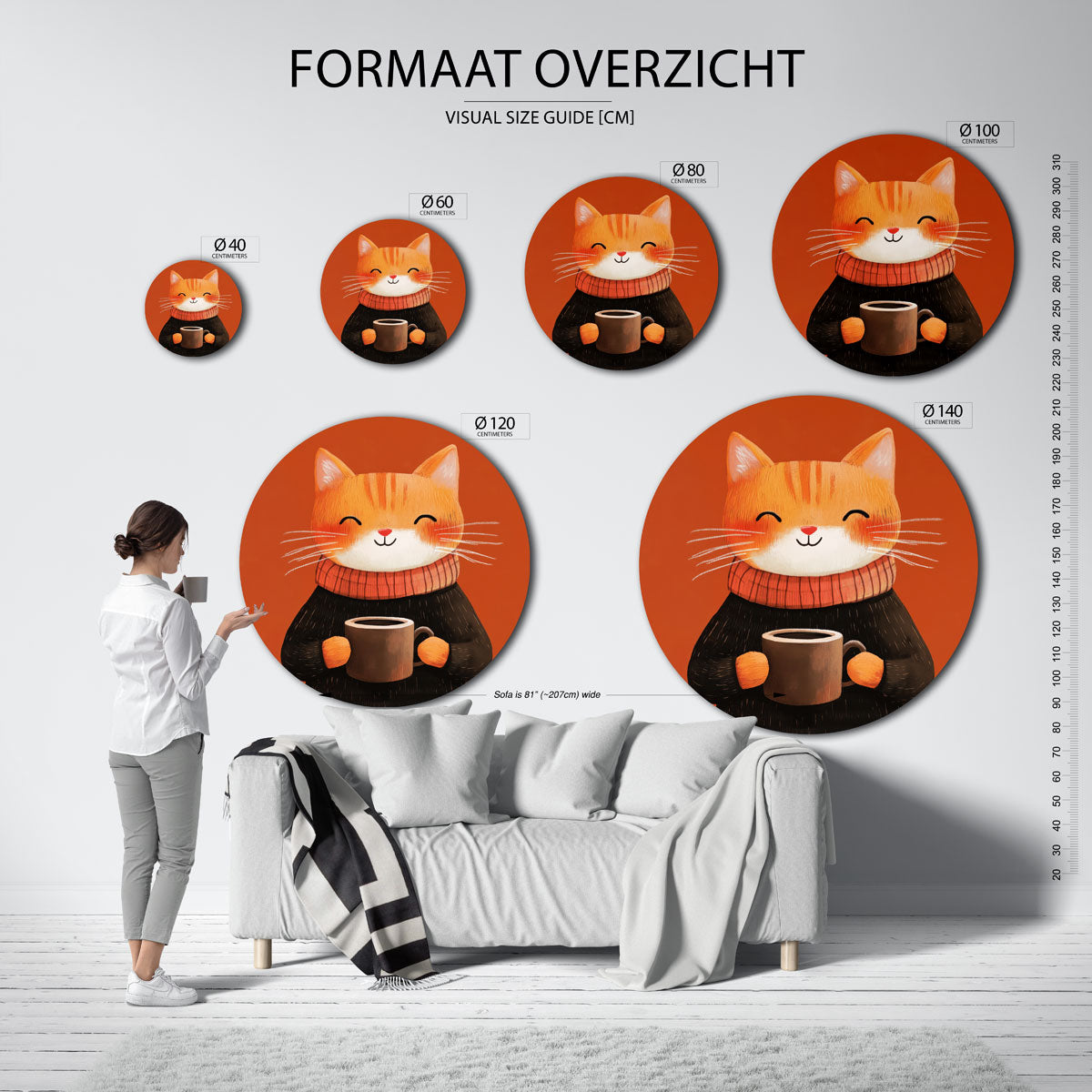 Lachende kat met mok Muurcirkel