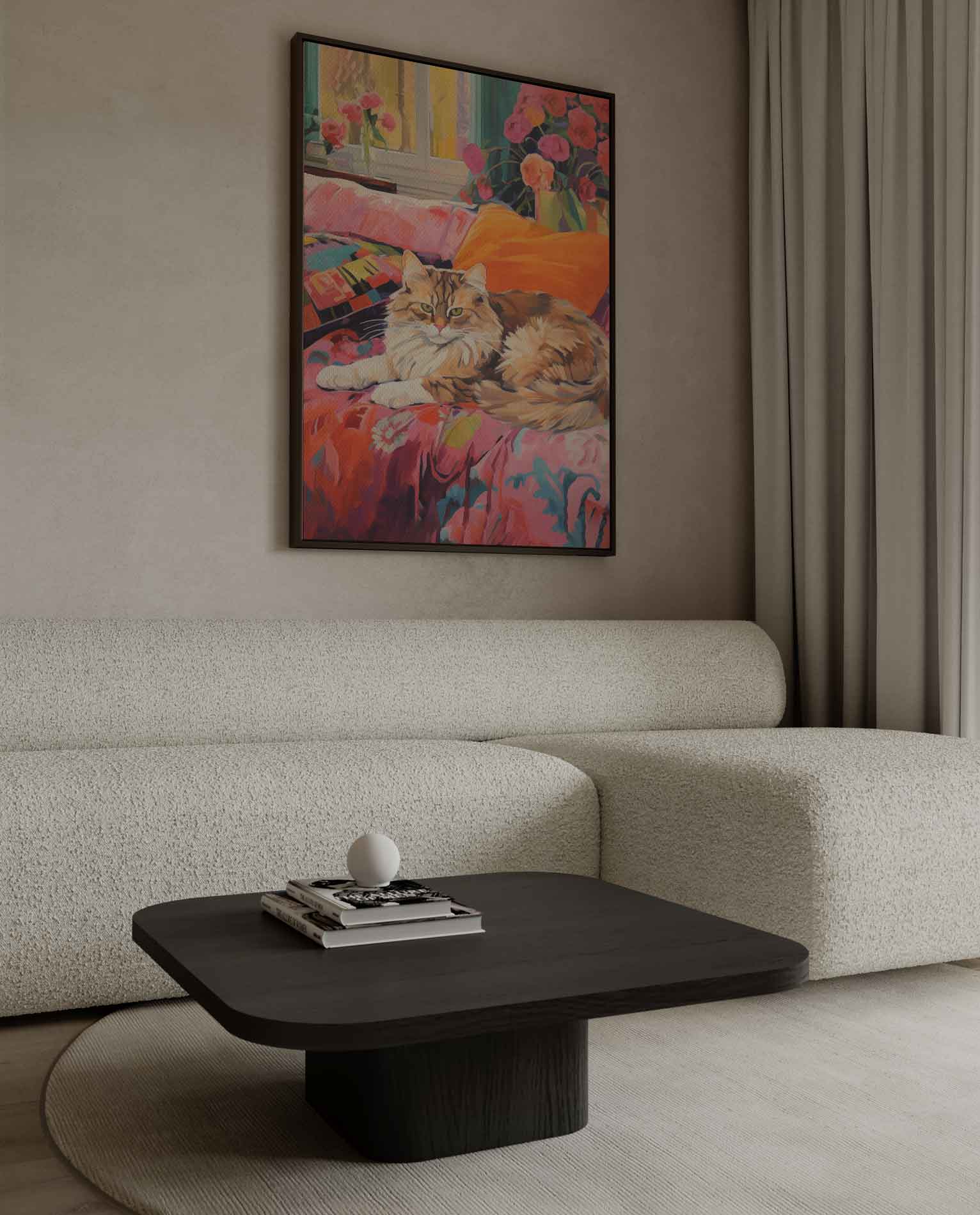 Kat op Bloemenbank Kunstwerk-canvas-dibond-plexiglas-wanddecoratie-WallArtistic