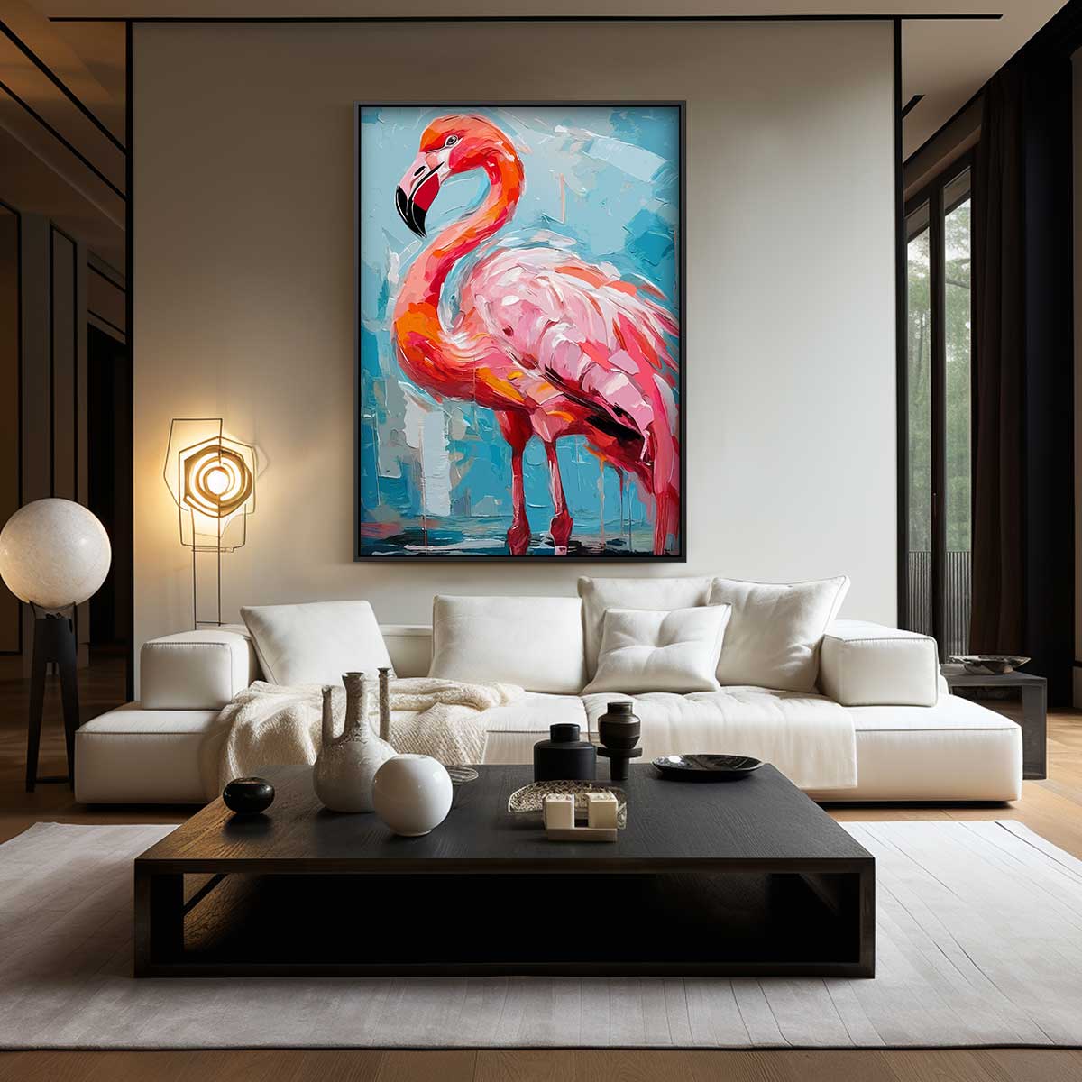 Vrolijke Flamingo op Blauw Kunstwerk-canvas-dibond-plexiglas-wanddecoratie-WallArtistic