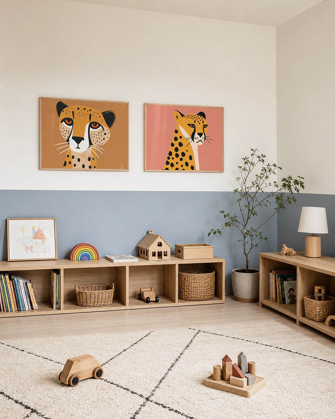 Twee liggende posters met een speelse cheetah met grote ogen en stippen, aan de muur in een interieur