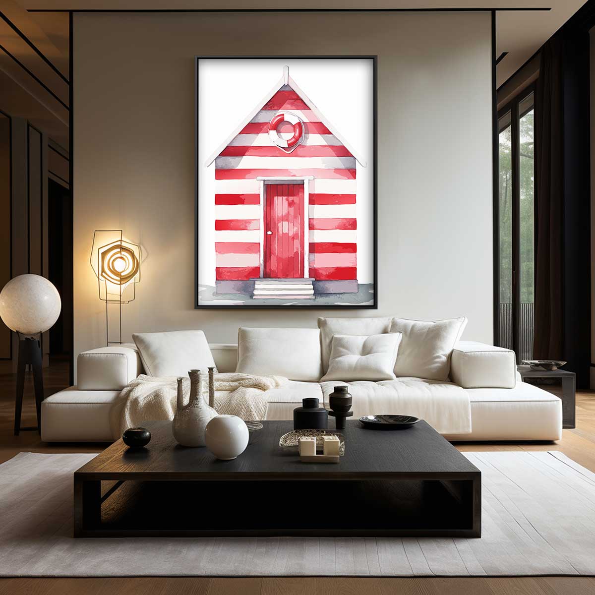 Strandhuisje in Streepjeskleuren Kunstwerk-canvas-dibond-plexiglas-wanddecoratie-WallArtistic