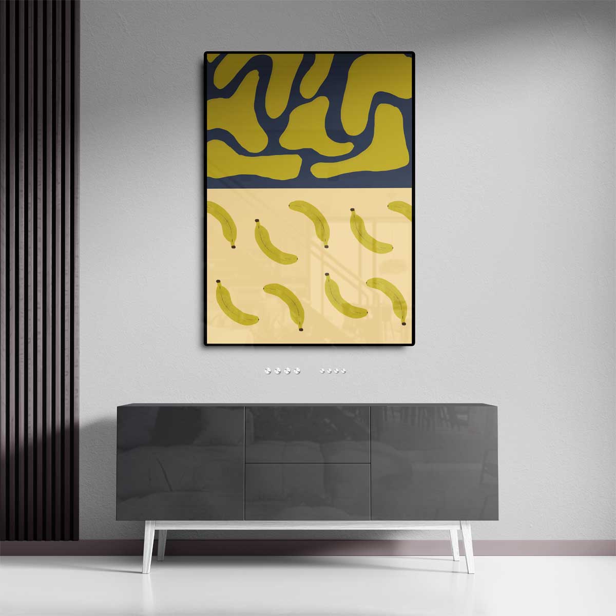 Bananenpatroon op Abstracte Blauwe Achtergrond Kunstwerk-canvas-dibond-plexiglas-wanddecoratie-WallArtistic