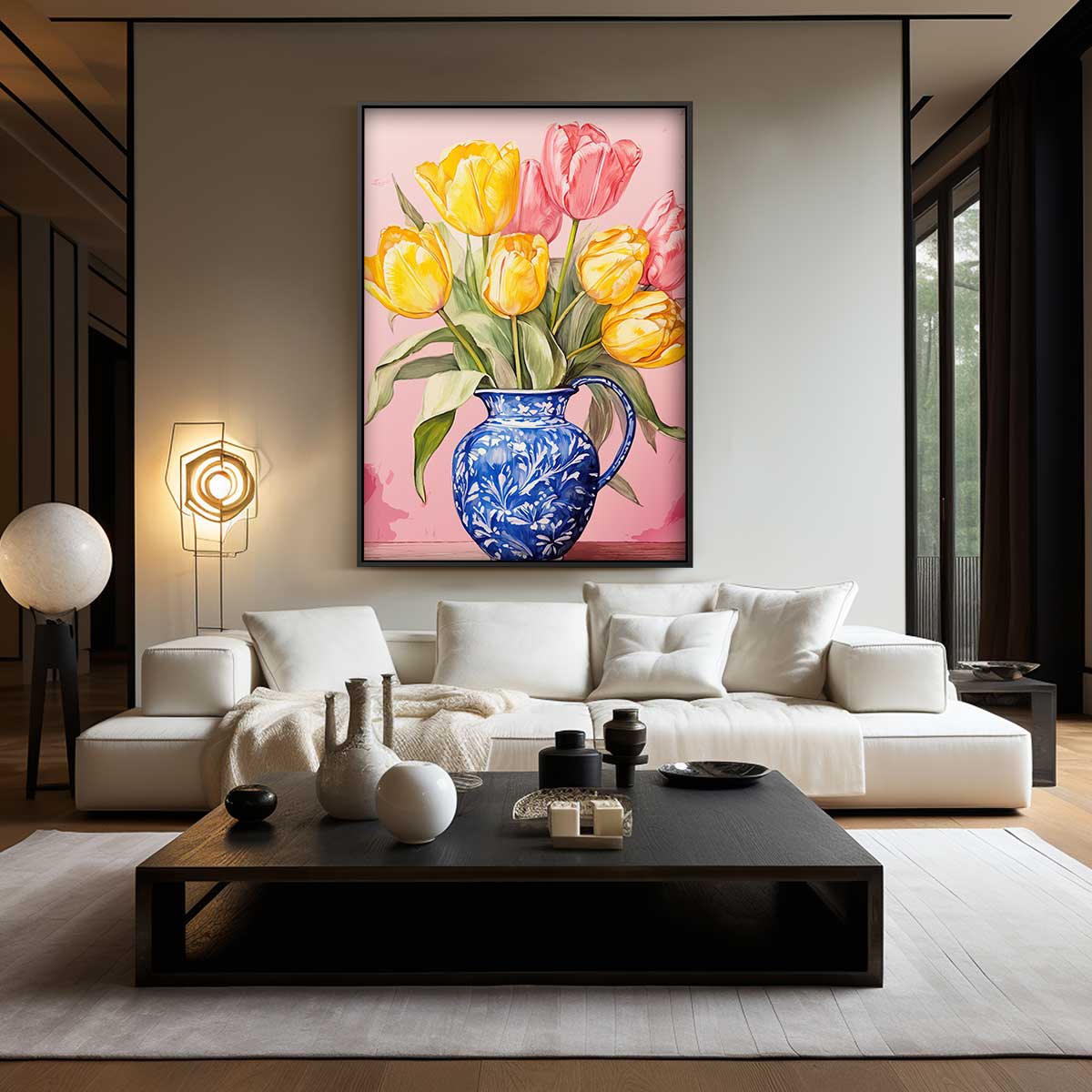 Bont Tulpenboeket in Blauwe Vaas Kunstwerk-canvas-dibond-plexiglas-wanddecoratie-WallArtistic