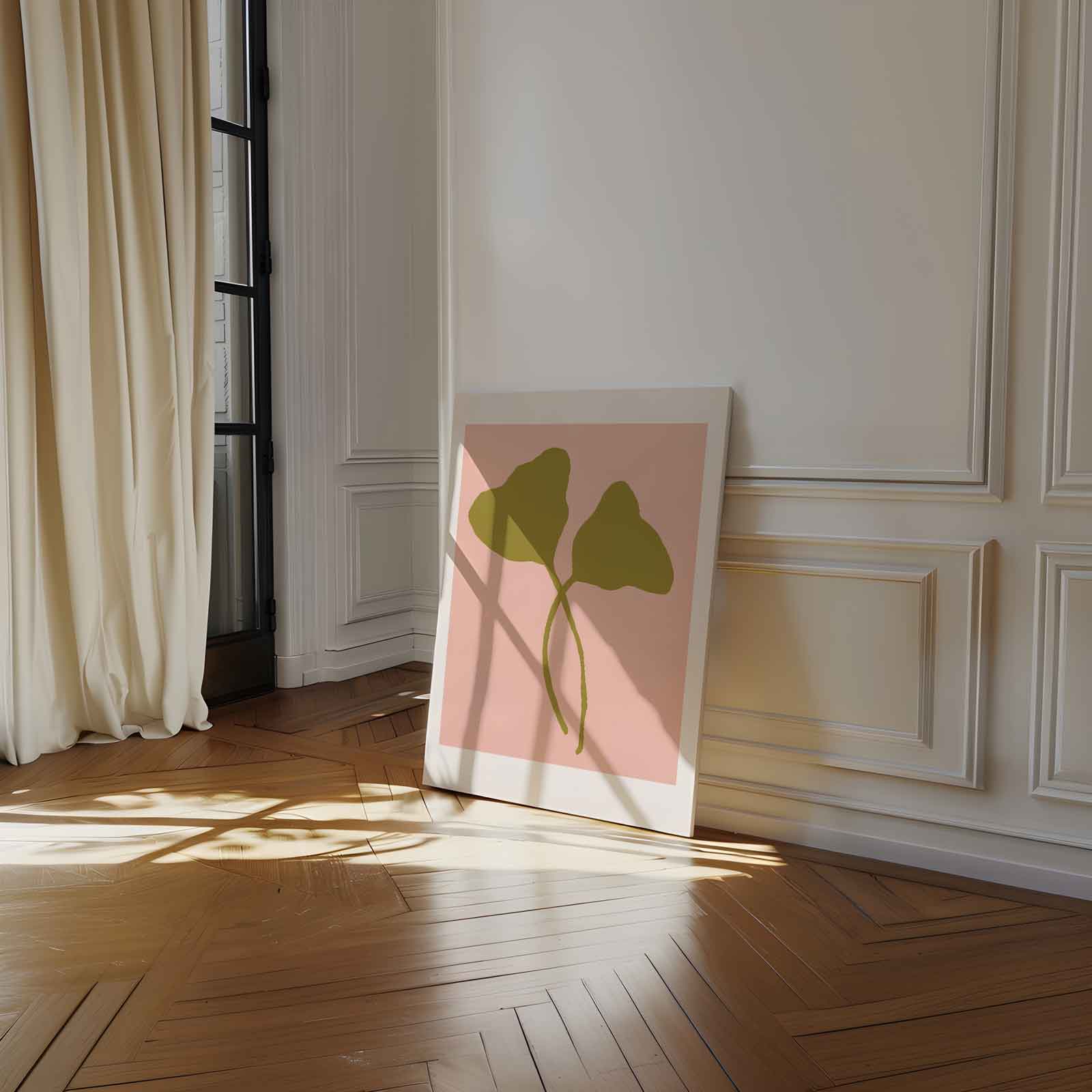 Minimalistische Bladvormen op Zalmkleur Kunstwerk-canvas-dibond-plexiglas-wanddecoratie-WallArtistic