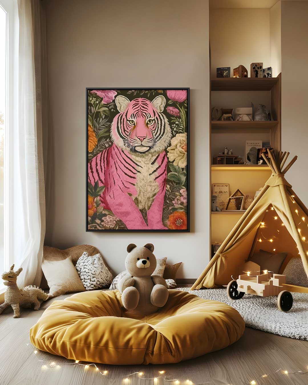 Kleurrijke Tijger in Bloementuin Kunstwerk-canvas-dibond-plexiglas-wanddecoratie-WallArtistic