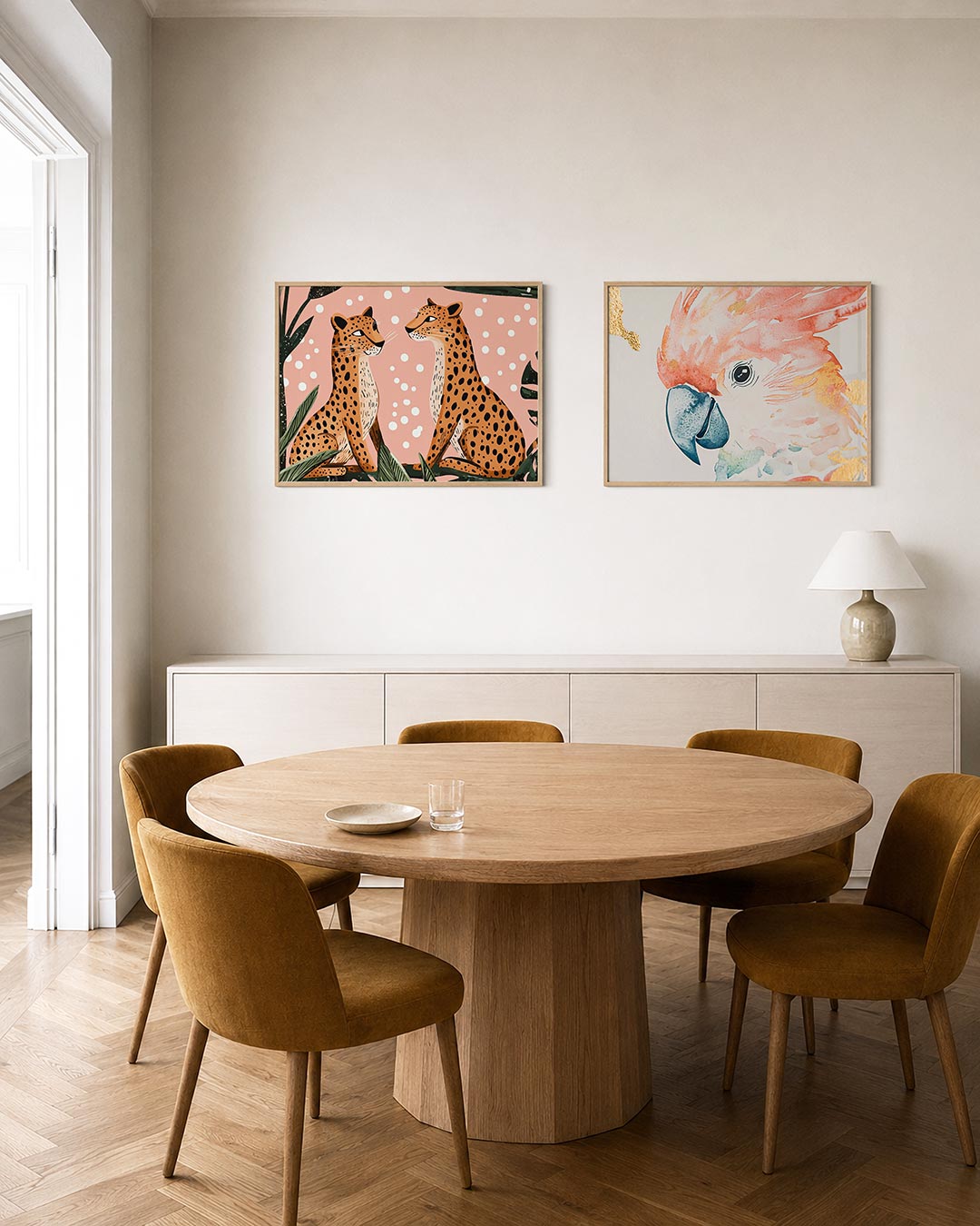 Twee liggende posters met twee luipaarden tegenover elkaar op een roze achtergrond, aan de muur in een interieur