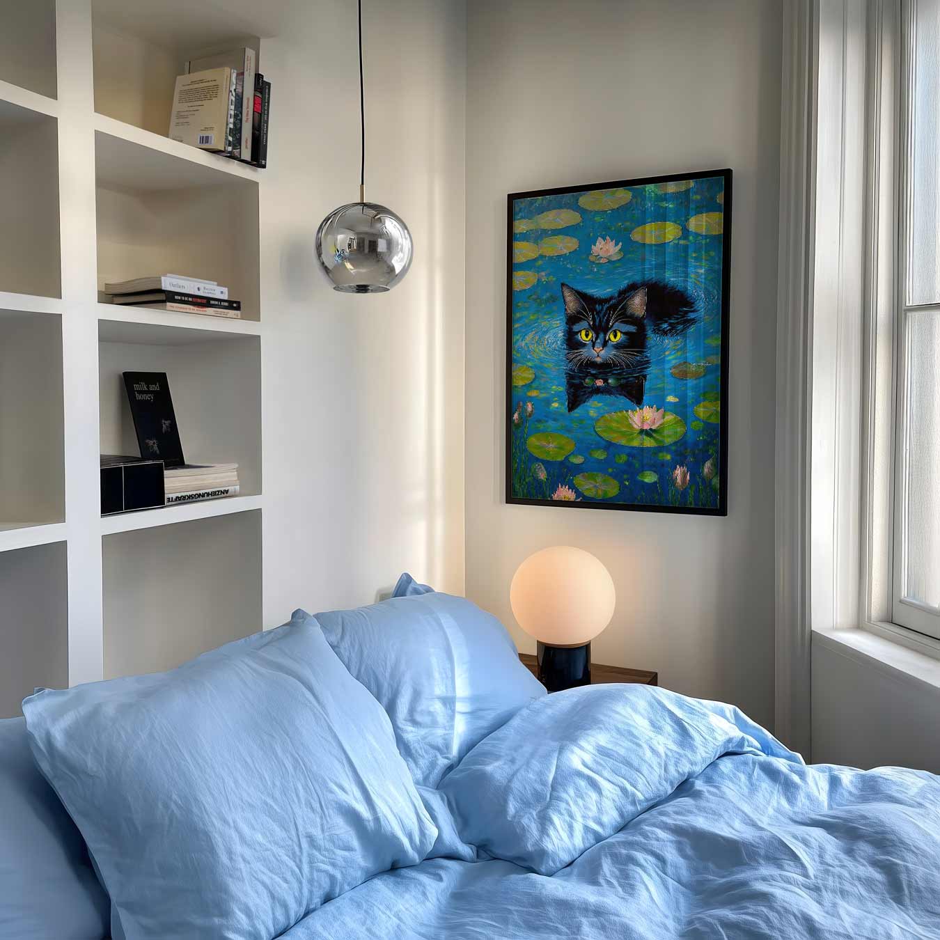 Zwemmende Kat in Waterlelies Poster