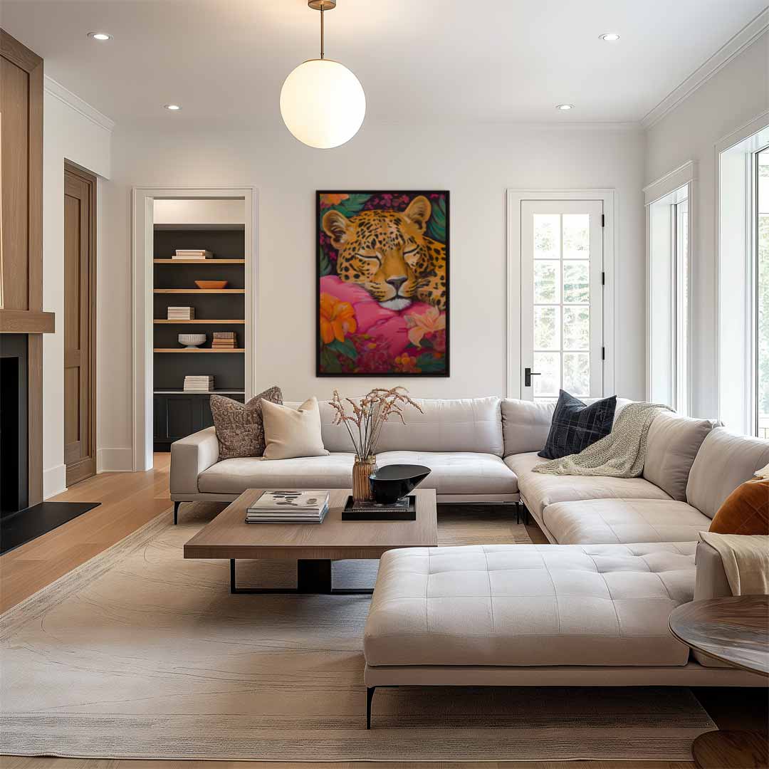 Dromende Luipaard op Roze Kussen Kunstwerk-canvas-dibond-plexiglas-wanddecoratie-WallArtistic