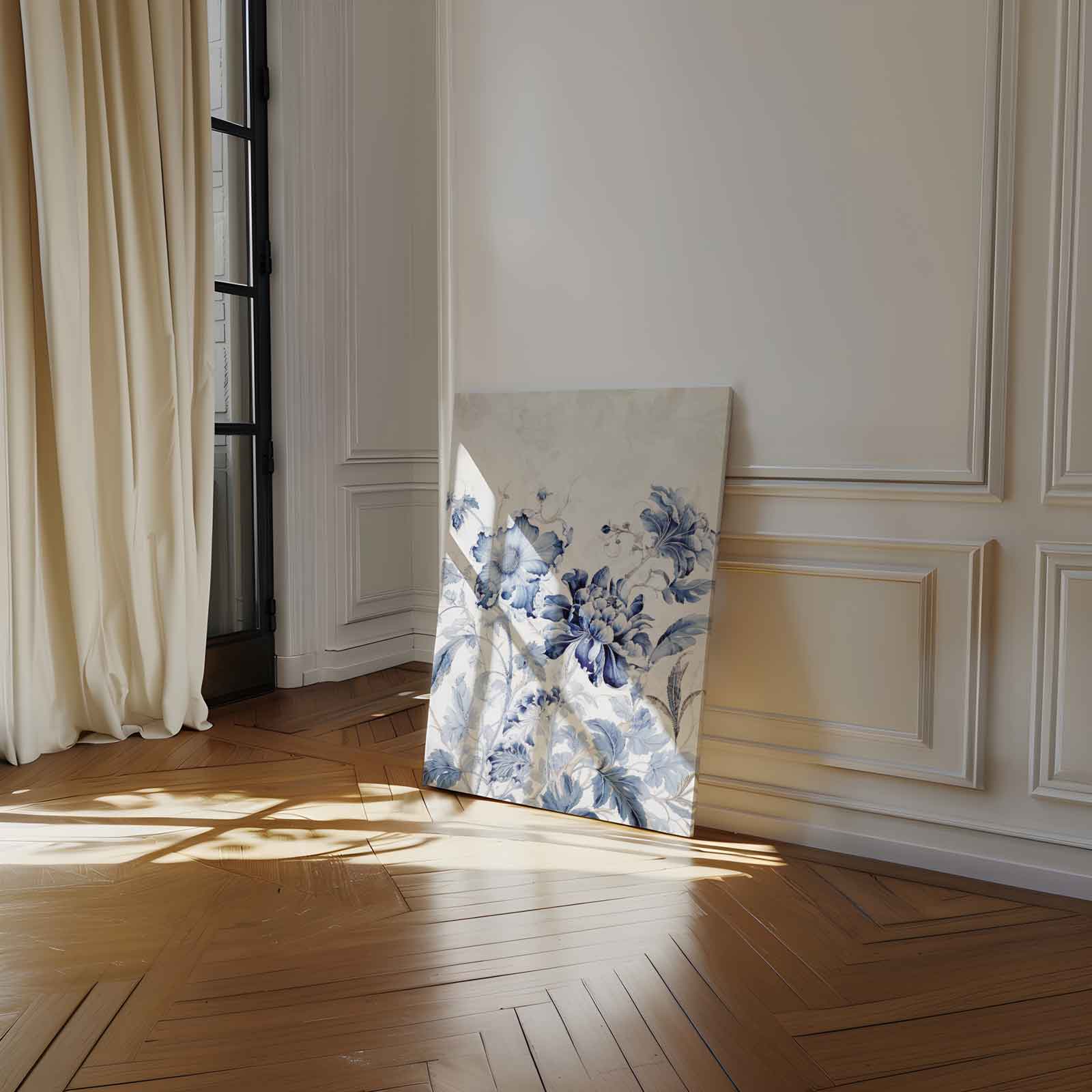Dromerige Blauw-Witte Bloemen Kunstwerk-canvas-dibond-plexiglas-wanddecoratie-WallArtistic