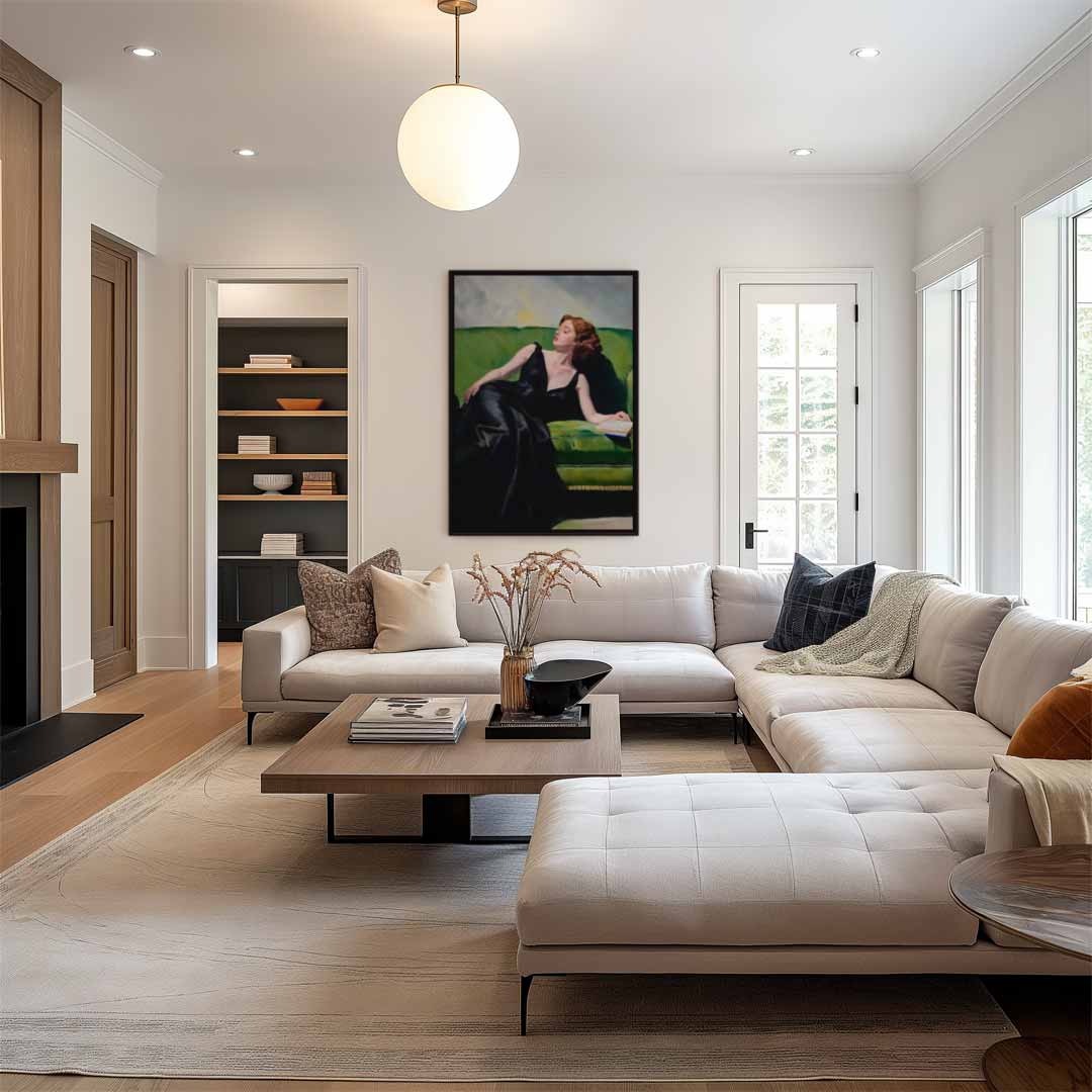Vrouw Op Groene Bank Kunstwerk-canvas-dibond-plexiglas-wanddecoratie-WallArtistic