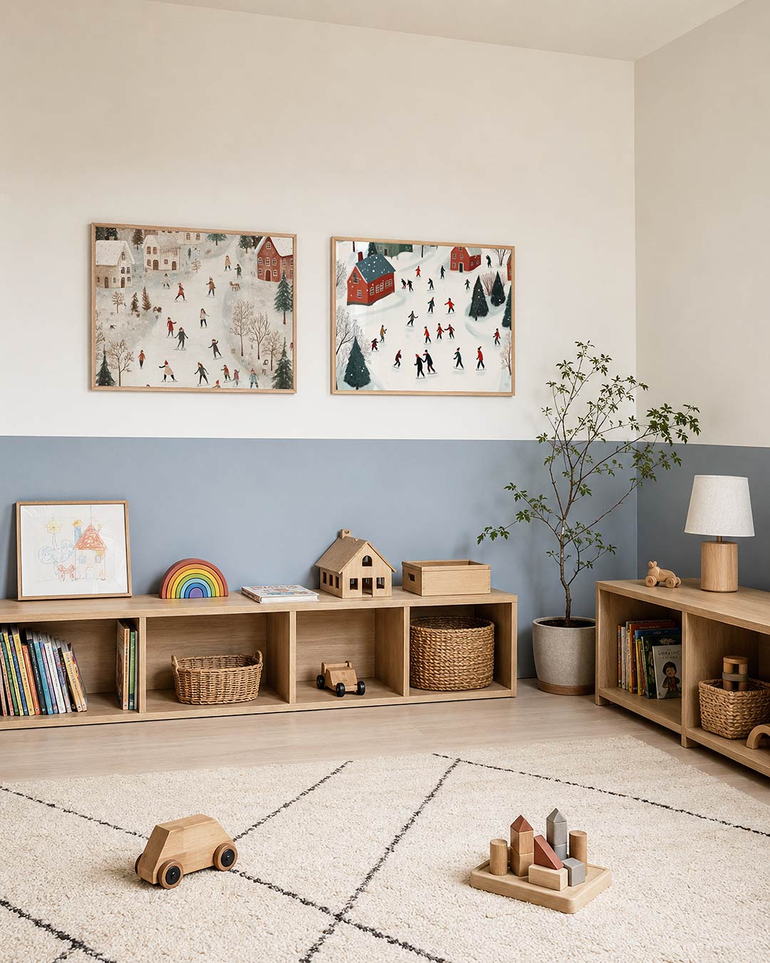 Twee liggende posters met kinderen schaatsen vrolijk op een kronkelende ijsbaan, aan de muur in een interieur