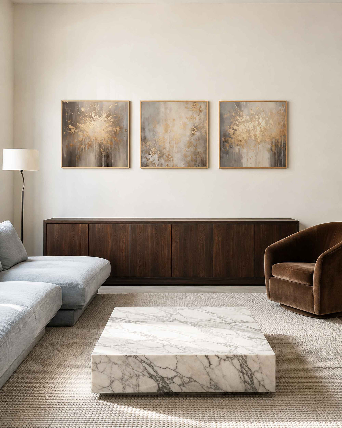 Interieurpresentatie van een driedelige vierkante posterset met abstracte beige wandkunst