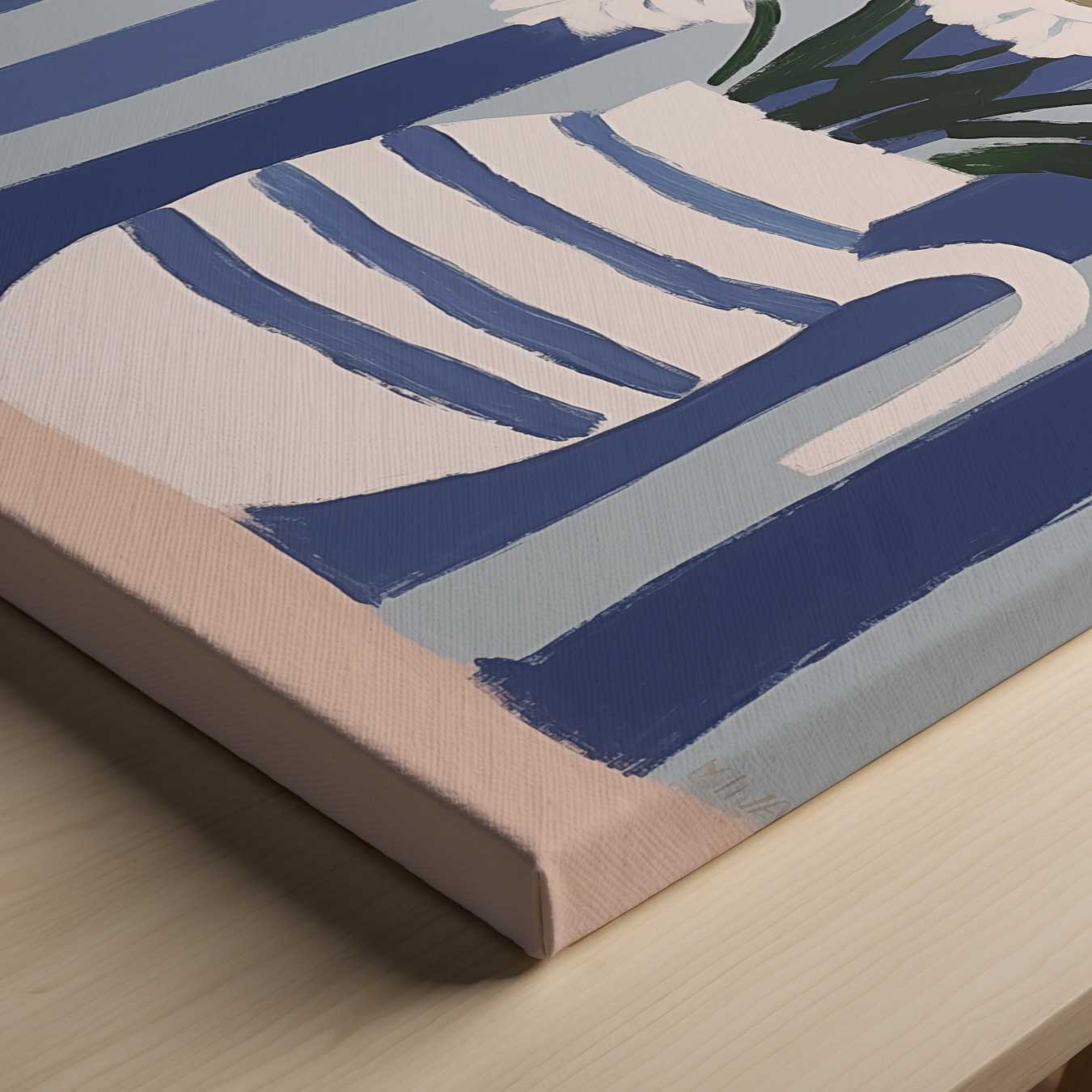 Bloemen in Blauwe Strepen Kunstwerk-canvas-dibond-plexiglas-wanddecoratie-WallArtistic