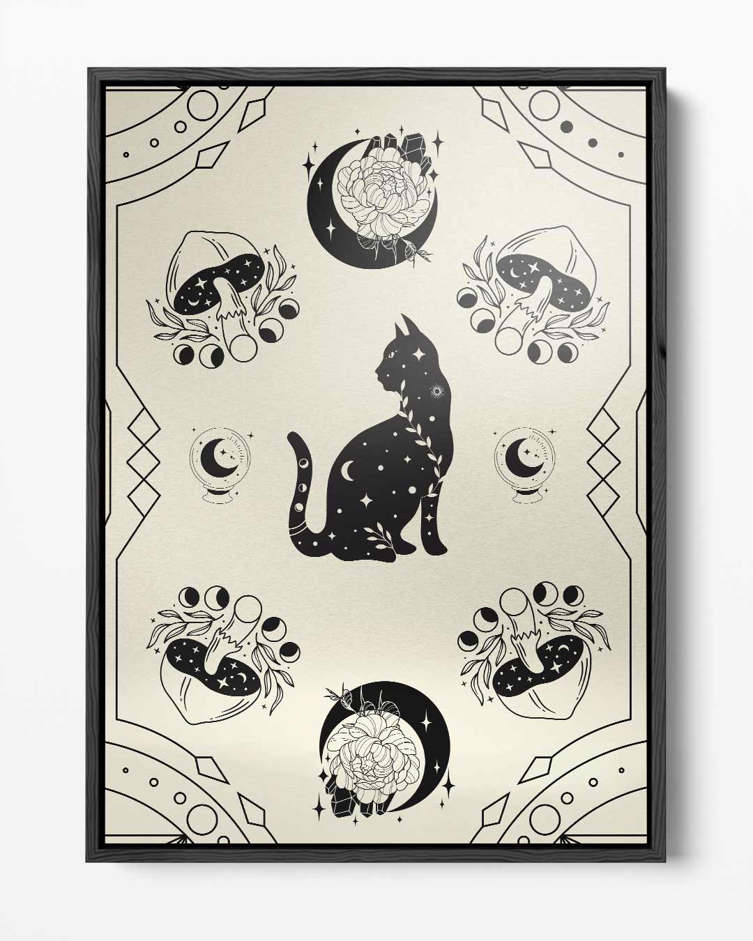Mystieke Kat en Paddenstoelen Illustratie Kunstwerk-canvas-dibond-plexiglas-wanddecoratie-WallArtistic