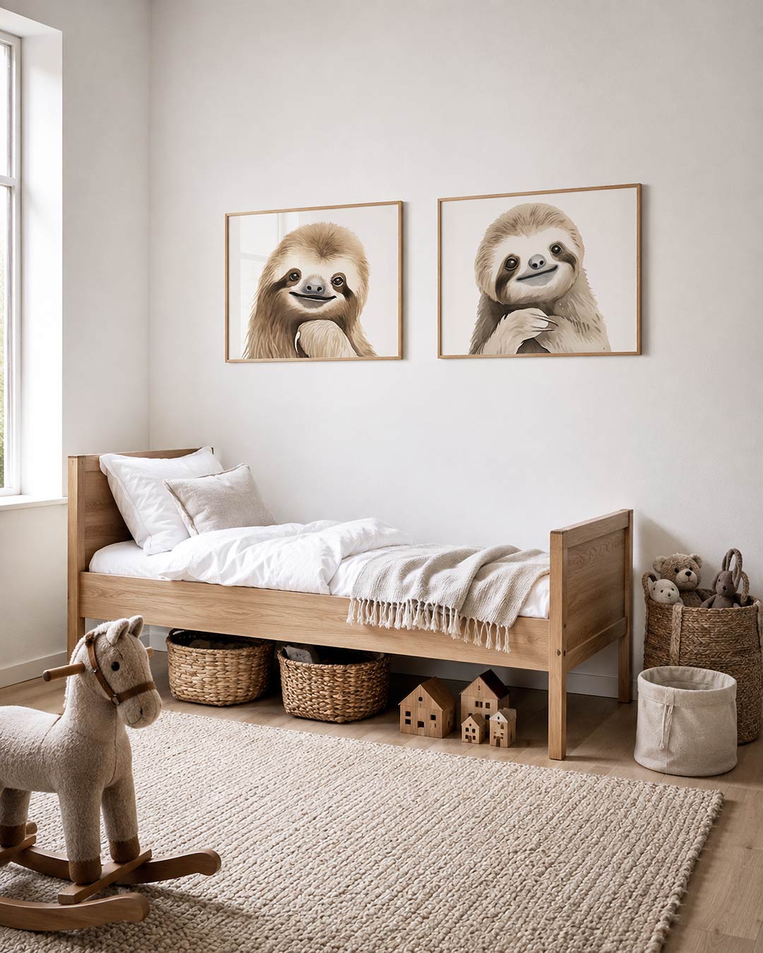 Tweedelige posterset met donkere tinten en een rustige visuele opbouw, getoond in een interieur