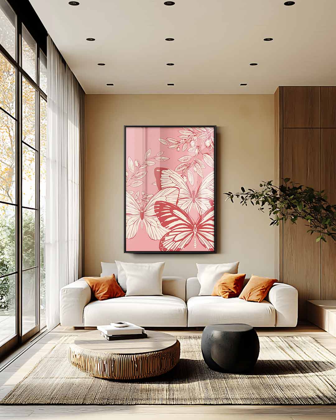 Vlinders en Takken in Vintage Stijl Kunstwerk-canvas-dibond-plexiglas-wanddecoratie-WallArtistic