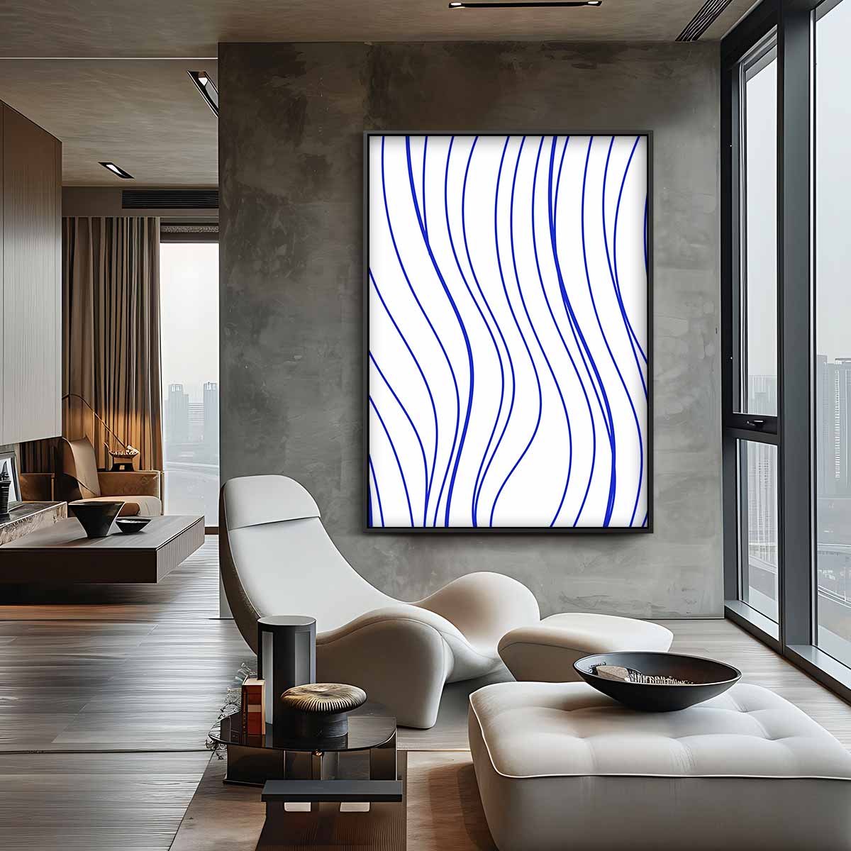 Golvende Blauwe Strepen Kunstwerk-canvas-dibond-plexiglas-wanddecoratie-WallArtistic