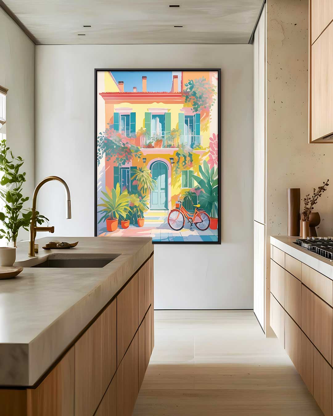 Zomerse gevel met fiets Kunstwerk-canvas-dibond-plexiglas-wanddecoratie-WallArtistic