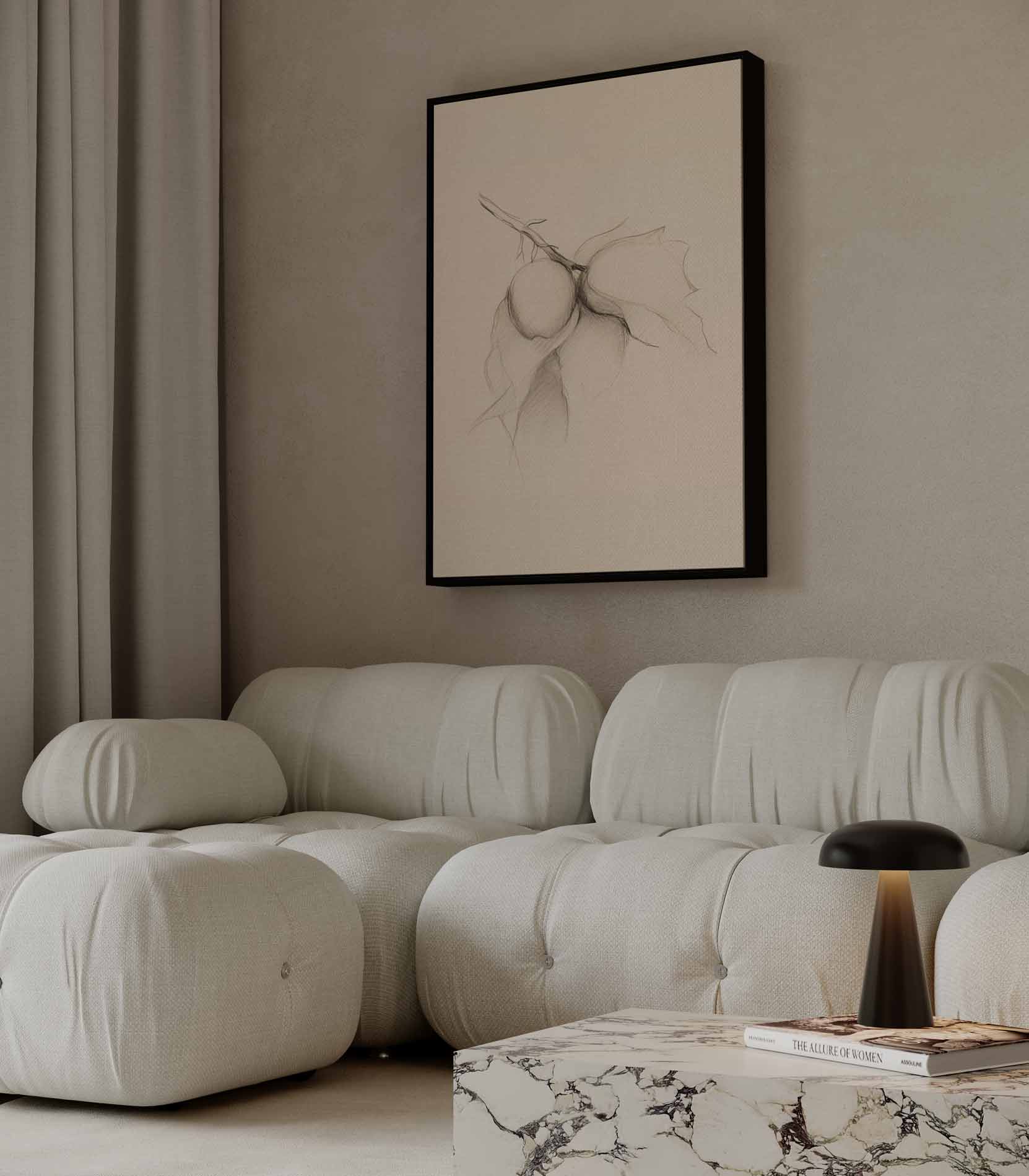 Potloodschets van Tak met Vruchten Kunstwerk-canvas-dibond-plexiglas-wanddecoratie-WallArtistic