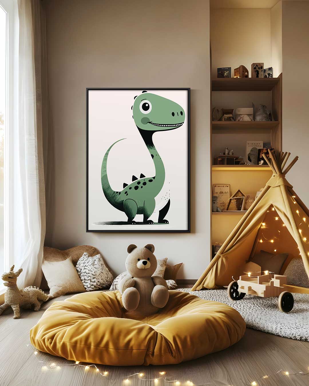 Vrolijke Groene Dino Illustratie Kunstwerk-canvas-dibond-plexiglas-wanddecoratie-WallArtistic