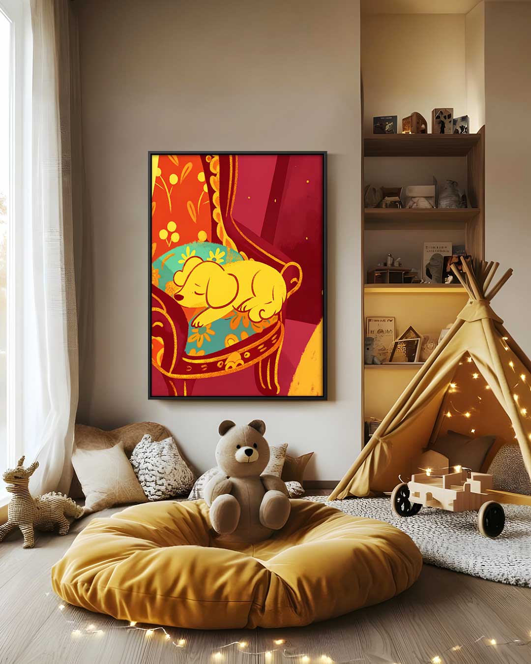 Slapende Puppy op Bloemenstoel Kunstwerk-canvas-dibond-plexiglas-wanddecoratie-WallArtistic