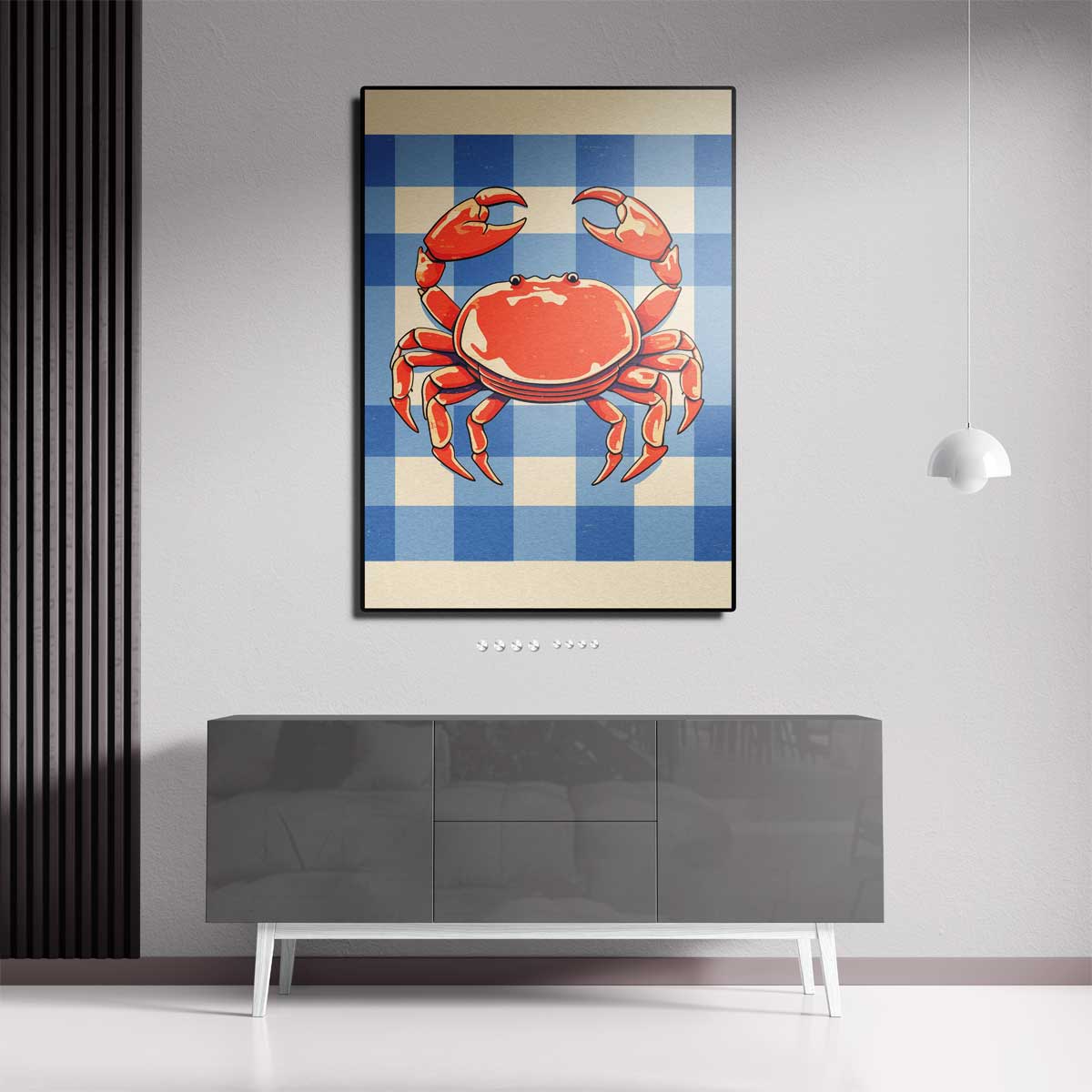 Vrolijke Krab op Blauw-Wit Patroon Kunstwerk-canvas-dibond-plexiglas-wanddecoratie-WallArtistic