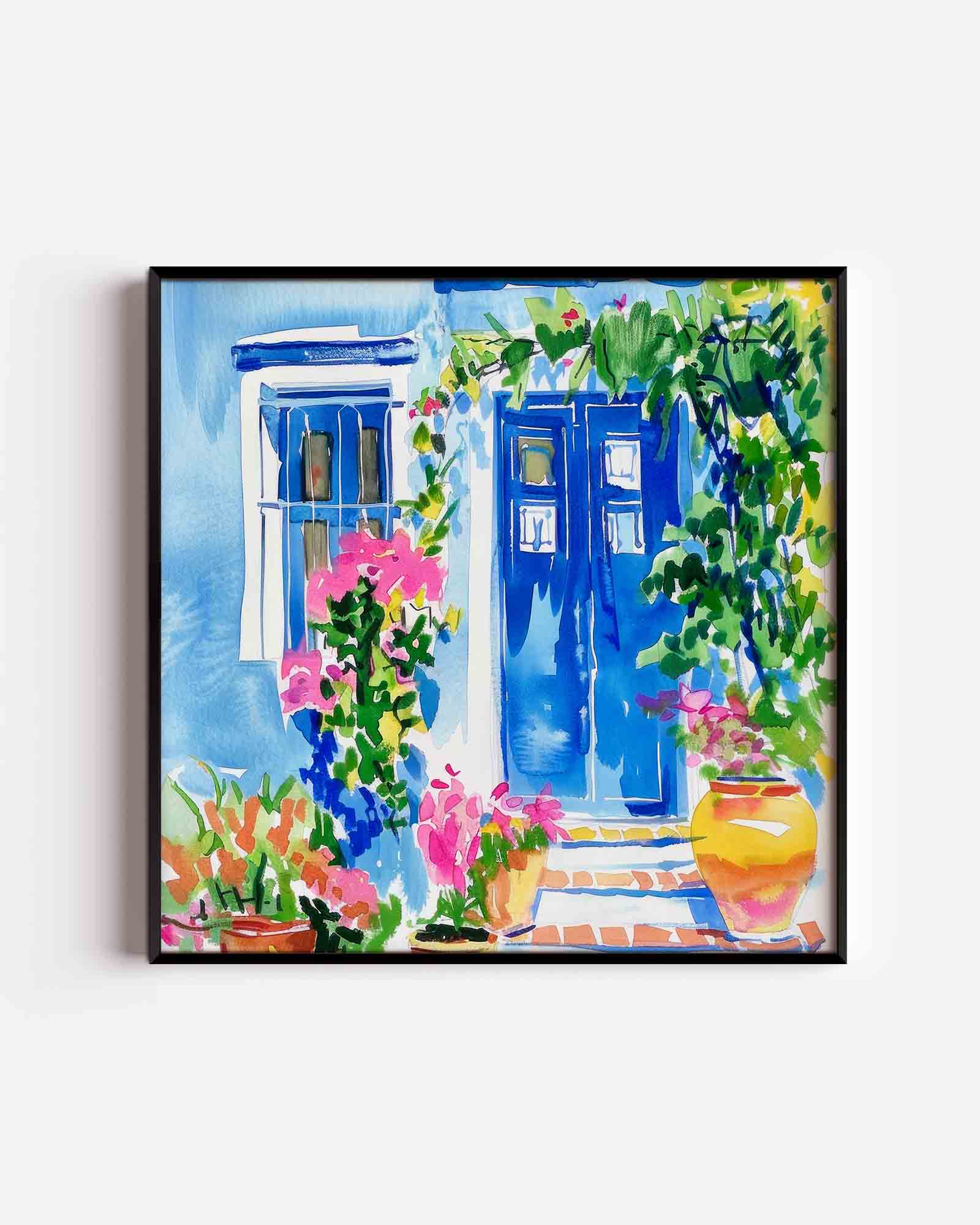 Blauwe deur en bloemen Poster