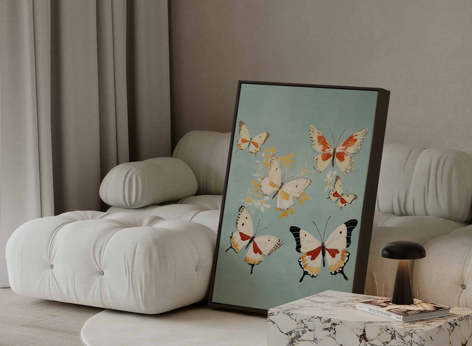 Vliegende Vlinders op Hemelsblauw Kunstwerk-canvas-dibond-plexiglas-wanddecoratie-WallArtistic