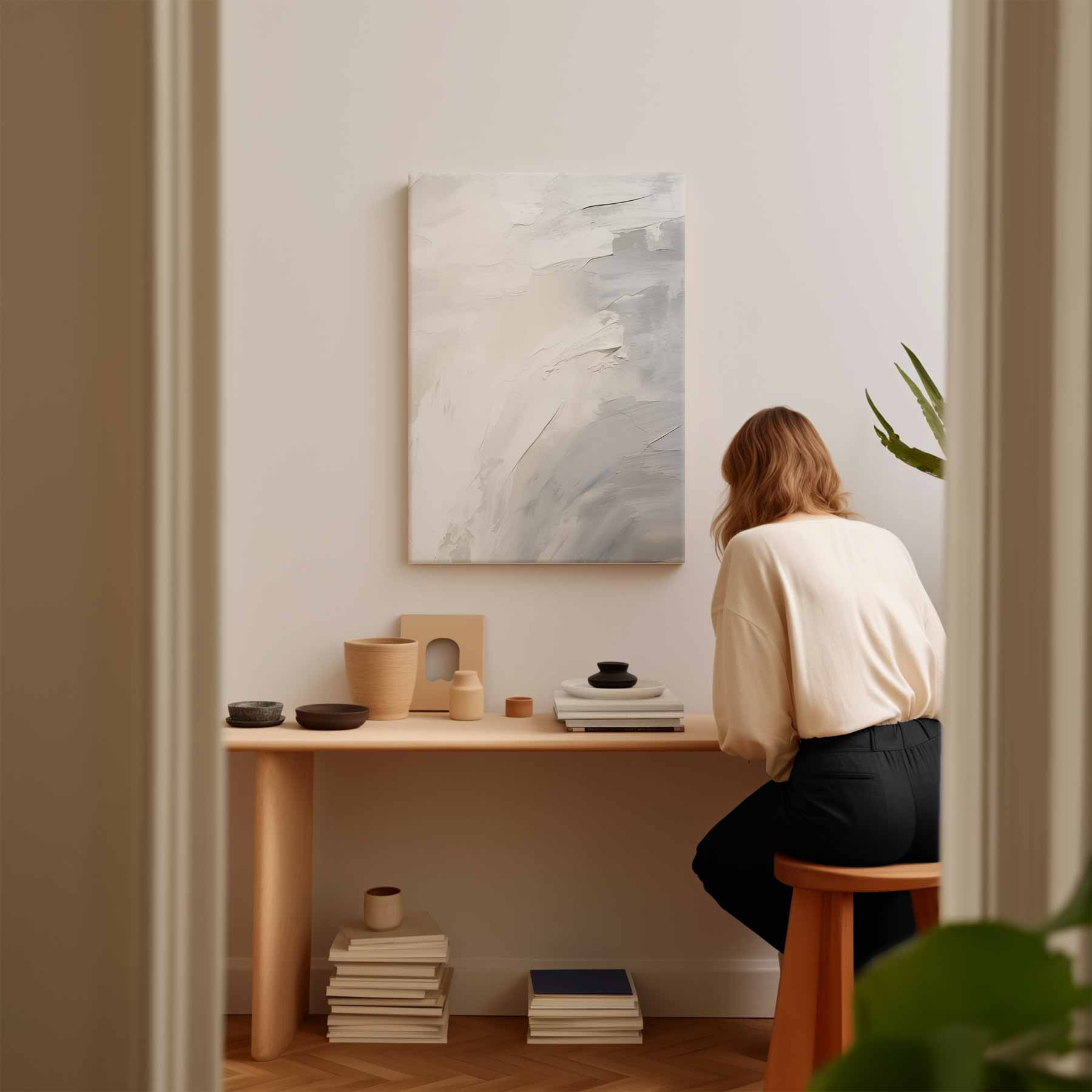 Sereniteit in Wit en Grijs Kunstwerk-canvas-dibond-plexiglas-wanddecoratie-WallArtistic