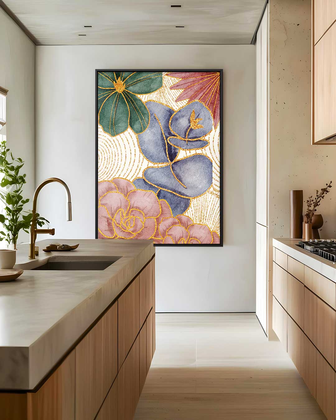 Bloemenpracht in Goud Kunstwerk-canvas-dibond-plexiglas-wanddecoratie-WallArtistic