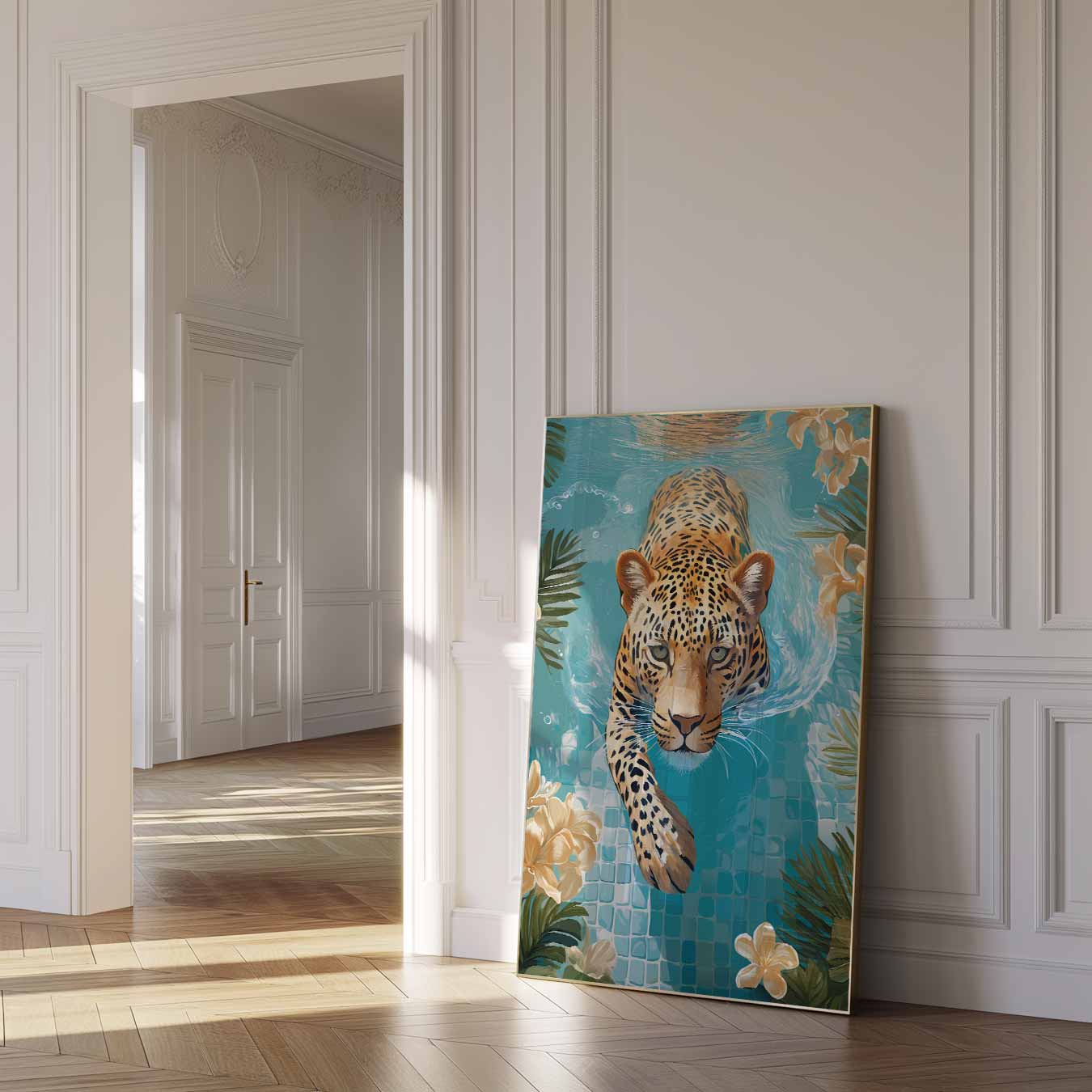 Zwemmende Luipaard in Tropische Oase Poster-WallArtistic