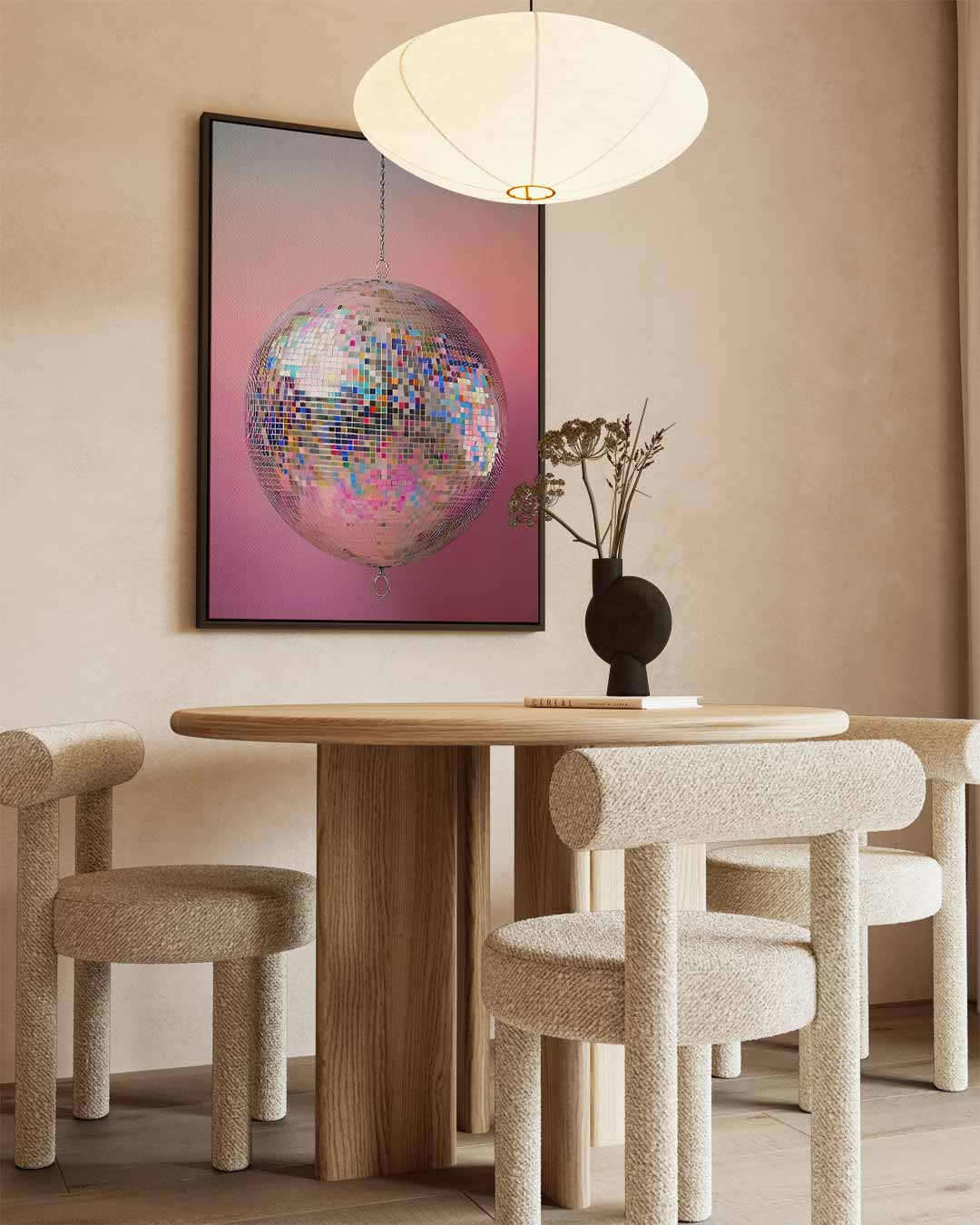 Kleurrijke Discobal op Roze Achtergrond Kunstwerk-canvas-dibond-plexiglas-wanddecoratie-WallArtistic