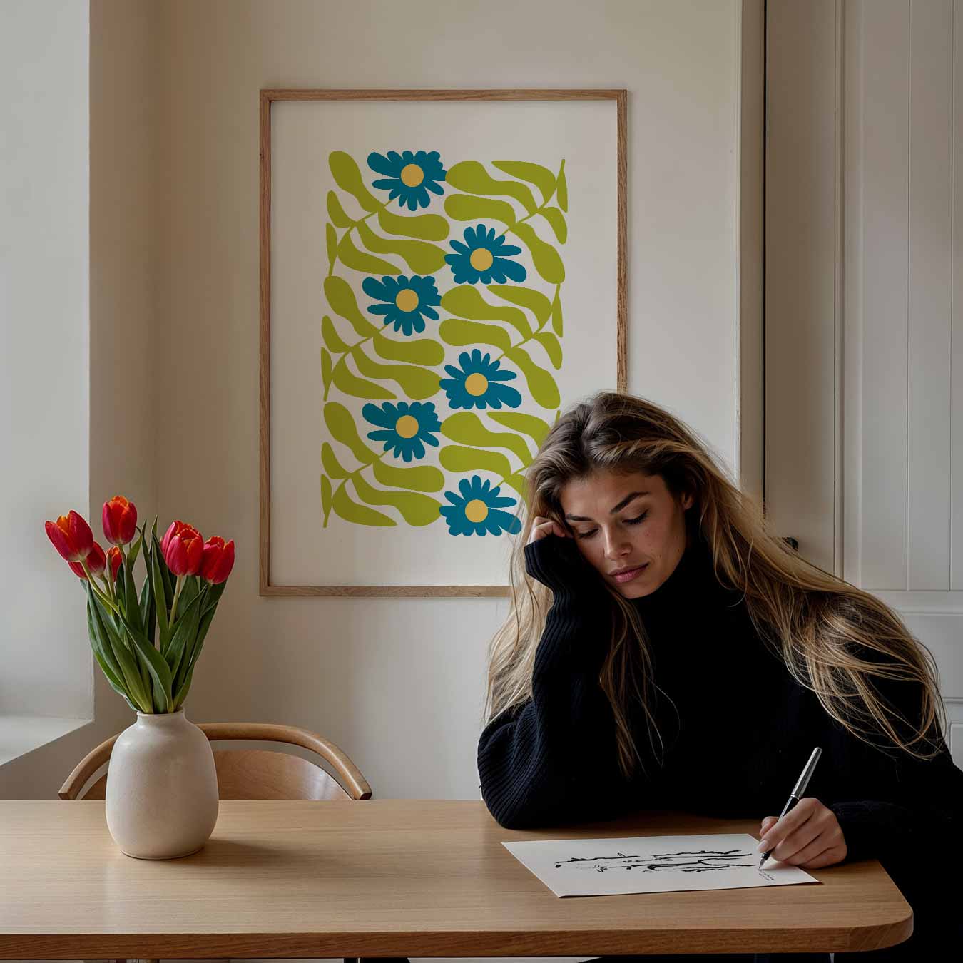 Bloemenpracht in Blauw en Groen Poster