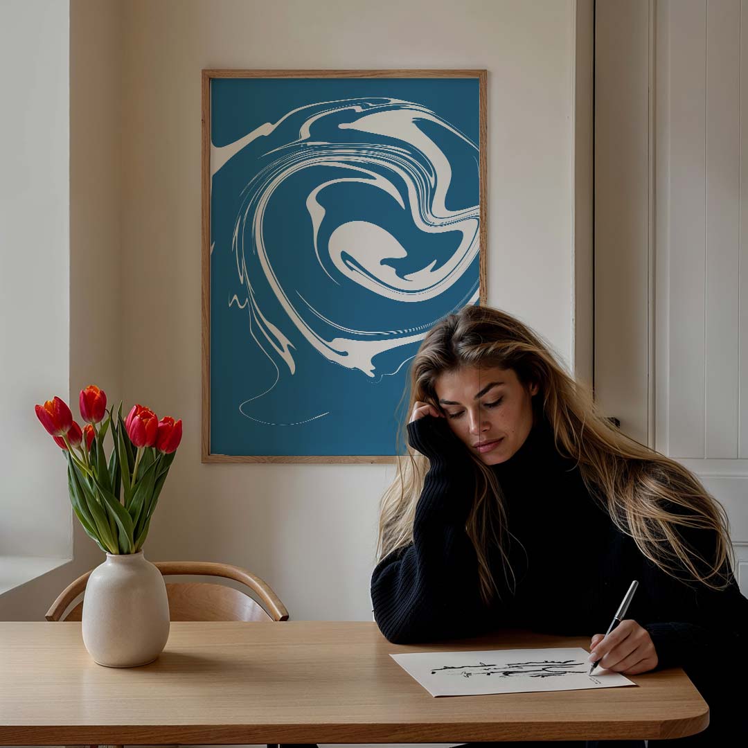 Abstracte Blauw-Zwarte Swirl Poster-WallArtistic