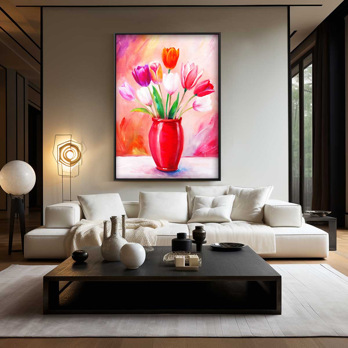 Vrolijke Tulpen in Rode Vaas Kunstwerk-canvas-dibond-plexiglas-wanddecoratie-WallArtistic