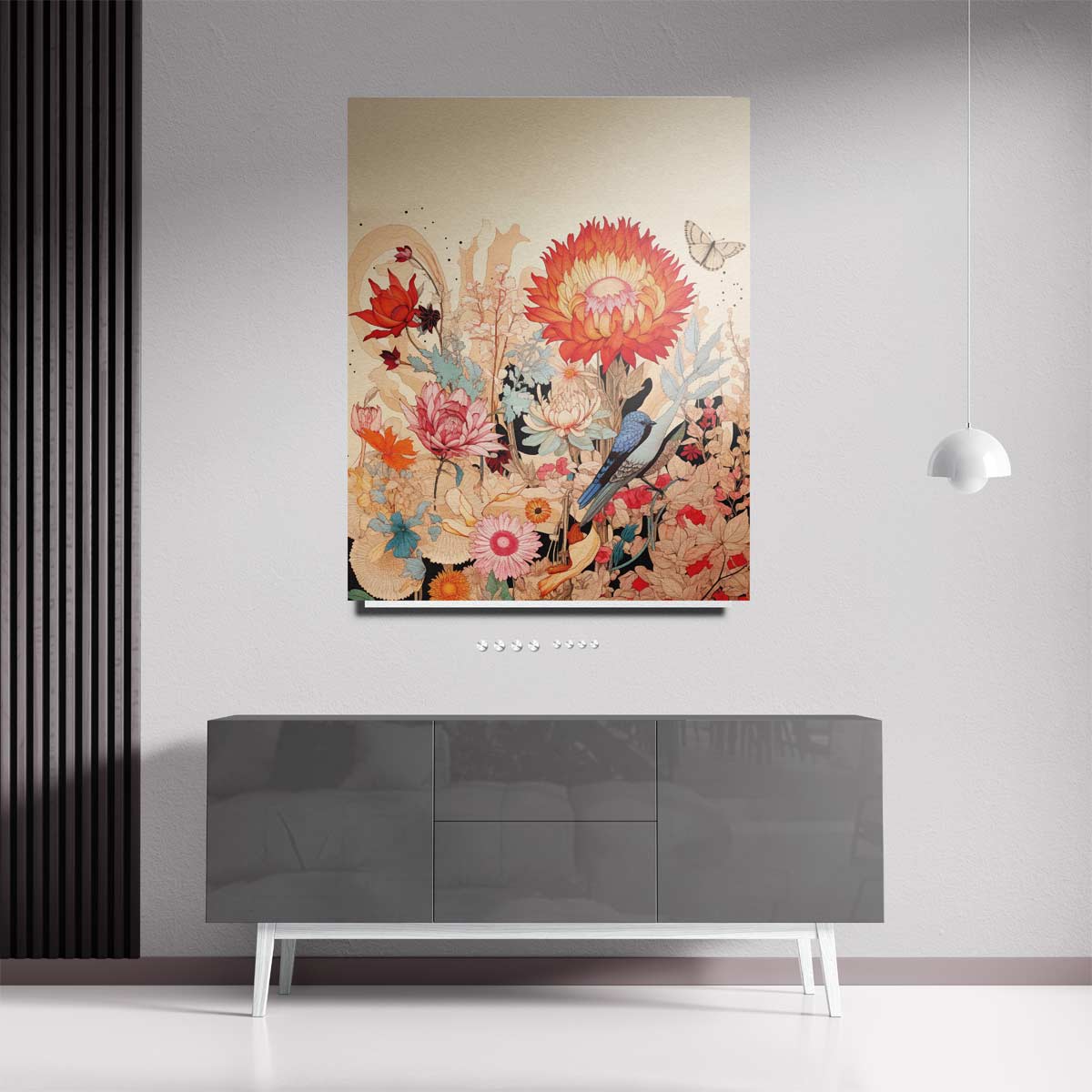 Vrolijke Bloemnatuur met Blauwe Vogel Kunstwerk-canvas-dibond-plexiglas-wanddecoratie-WallArtistic