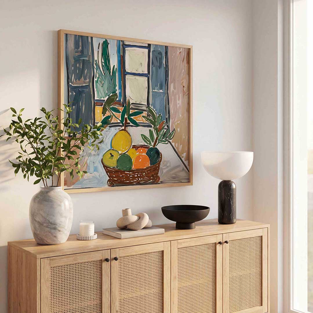 Fruitmand bij raam Poster