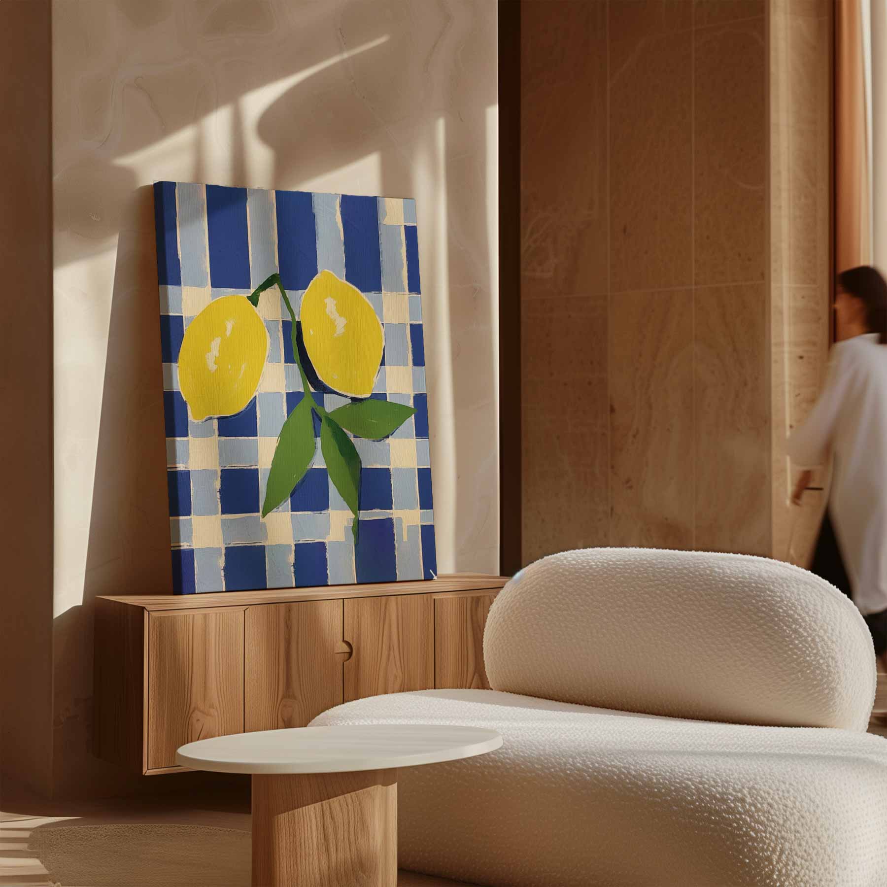 Zonnige Citroenen op Blauwe Schachtdoeken Kunstwerk-canvas-dibond-plexiglas-wanddecoratie-WallArtistic