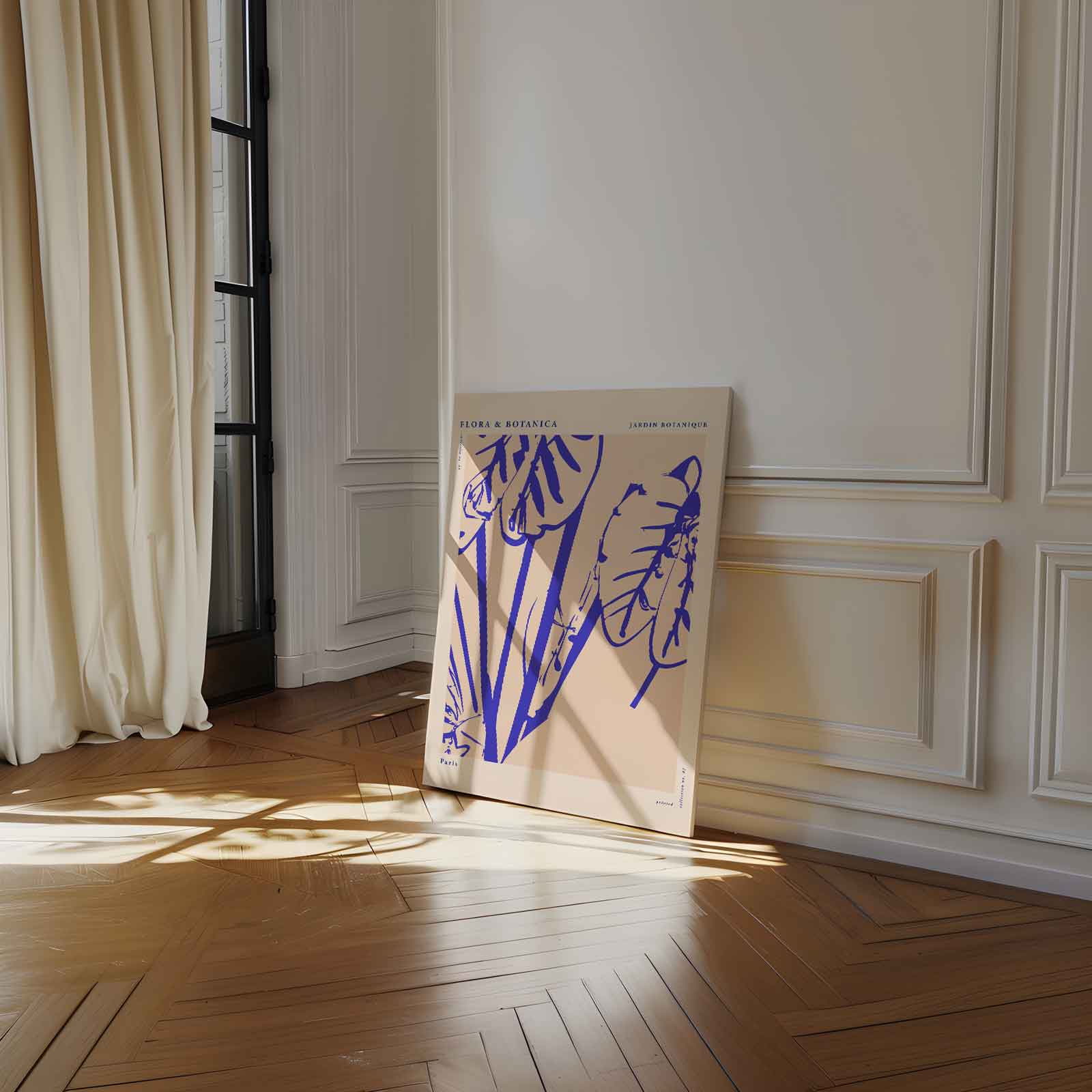 Botanische Bladprint in Blauw Kunstwerk-canvas-dibond-plexiglas-wanddecoratie-WallArtistic