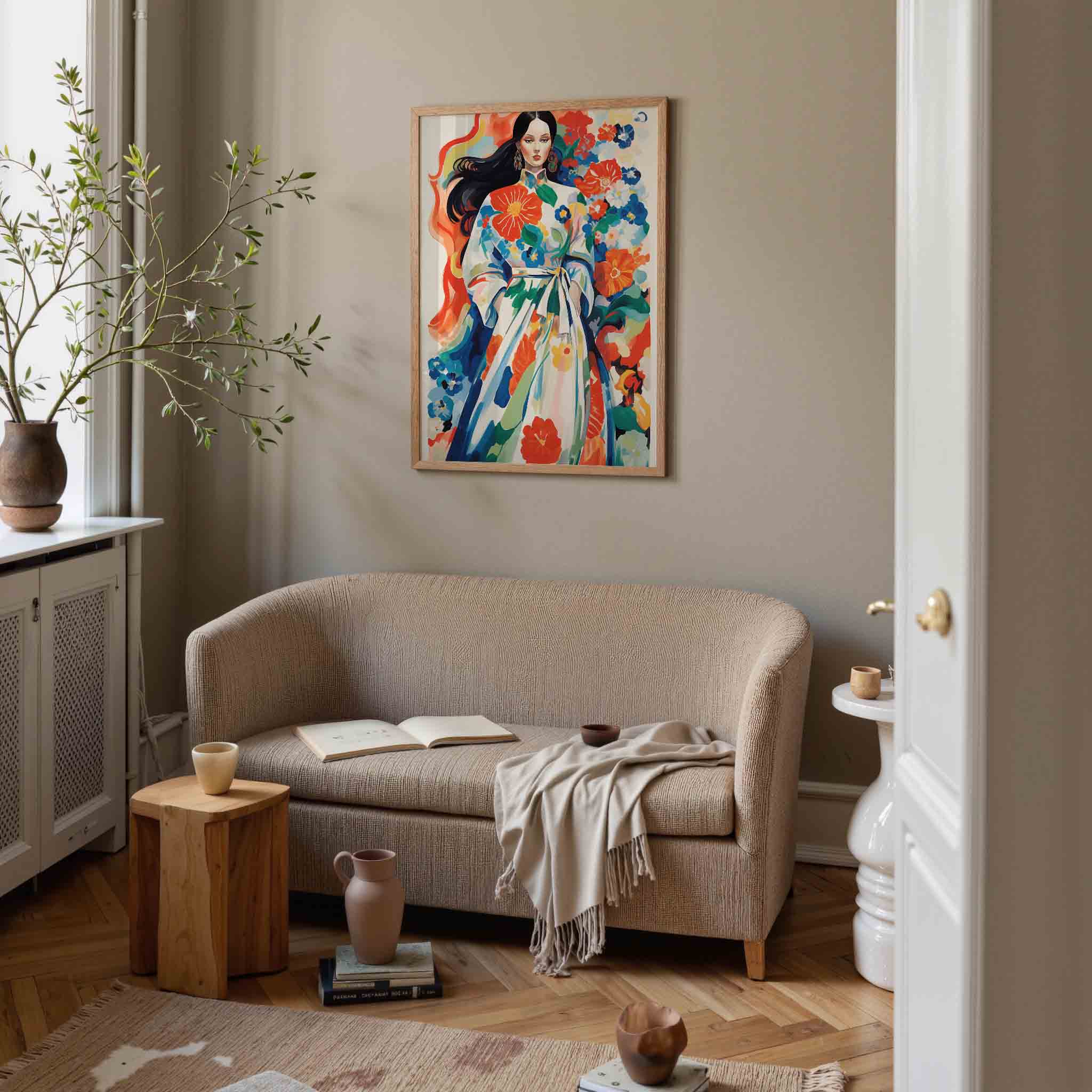 Vrouw met bloemenjurk Poster