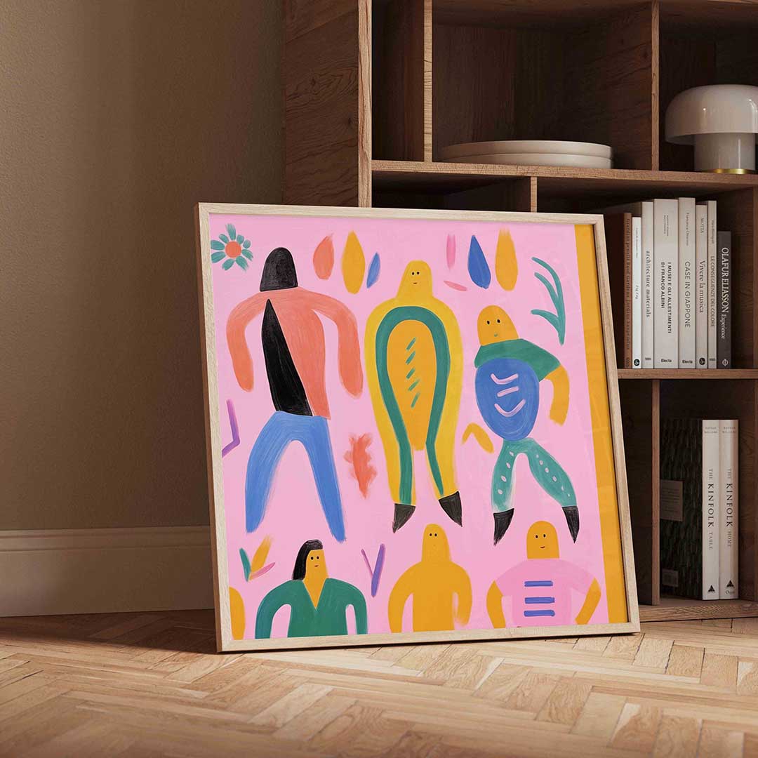 Vrolijke figuren op roze Poster