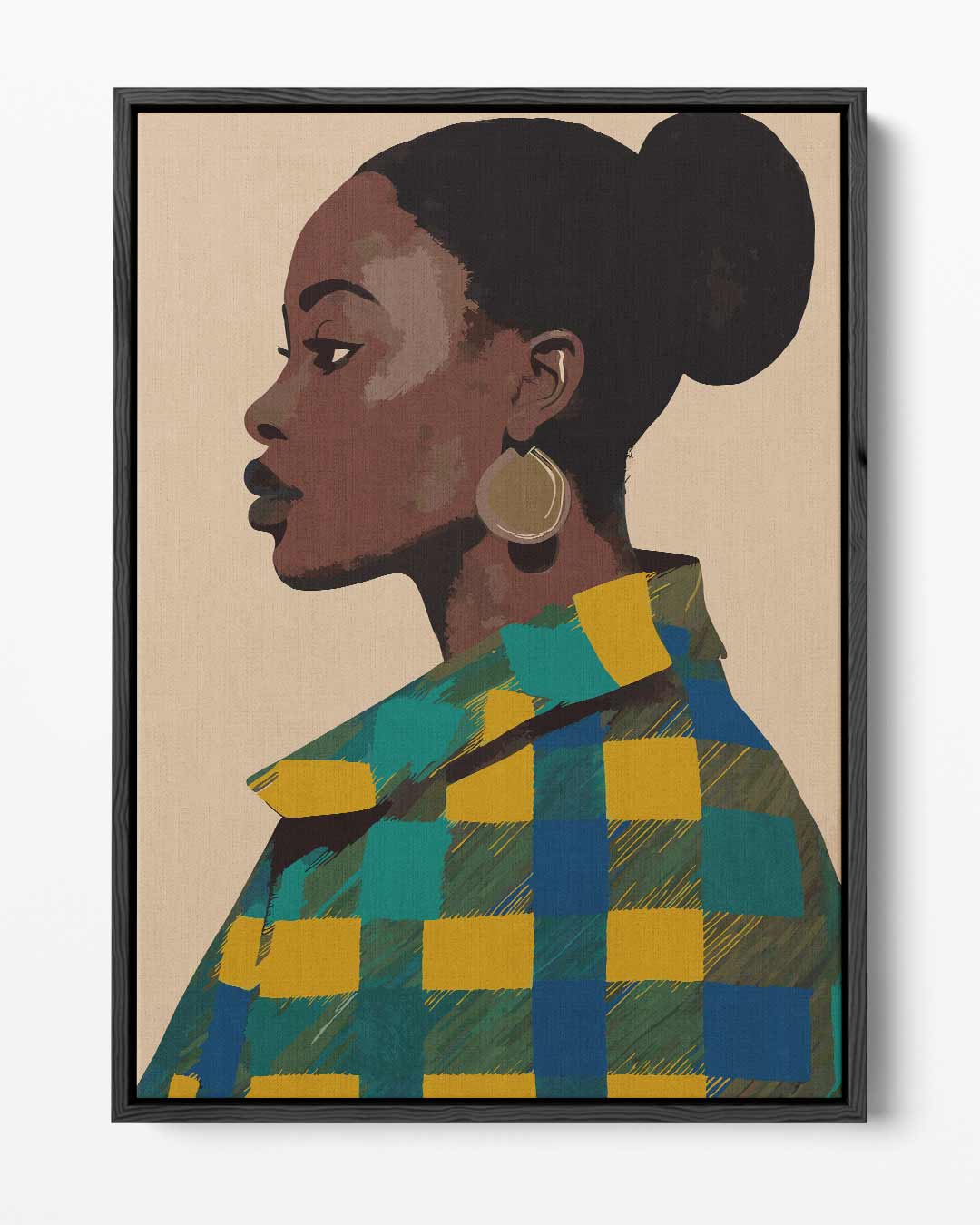 Vrouw in Vrolijk Patroon Kunstwerk-canvas-dibond-plexiglas-wanddecoratie-WallArtistic