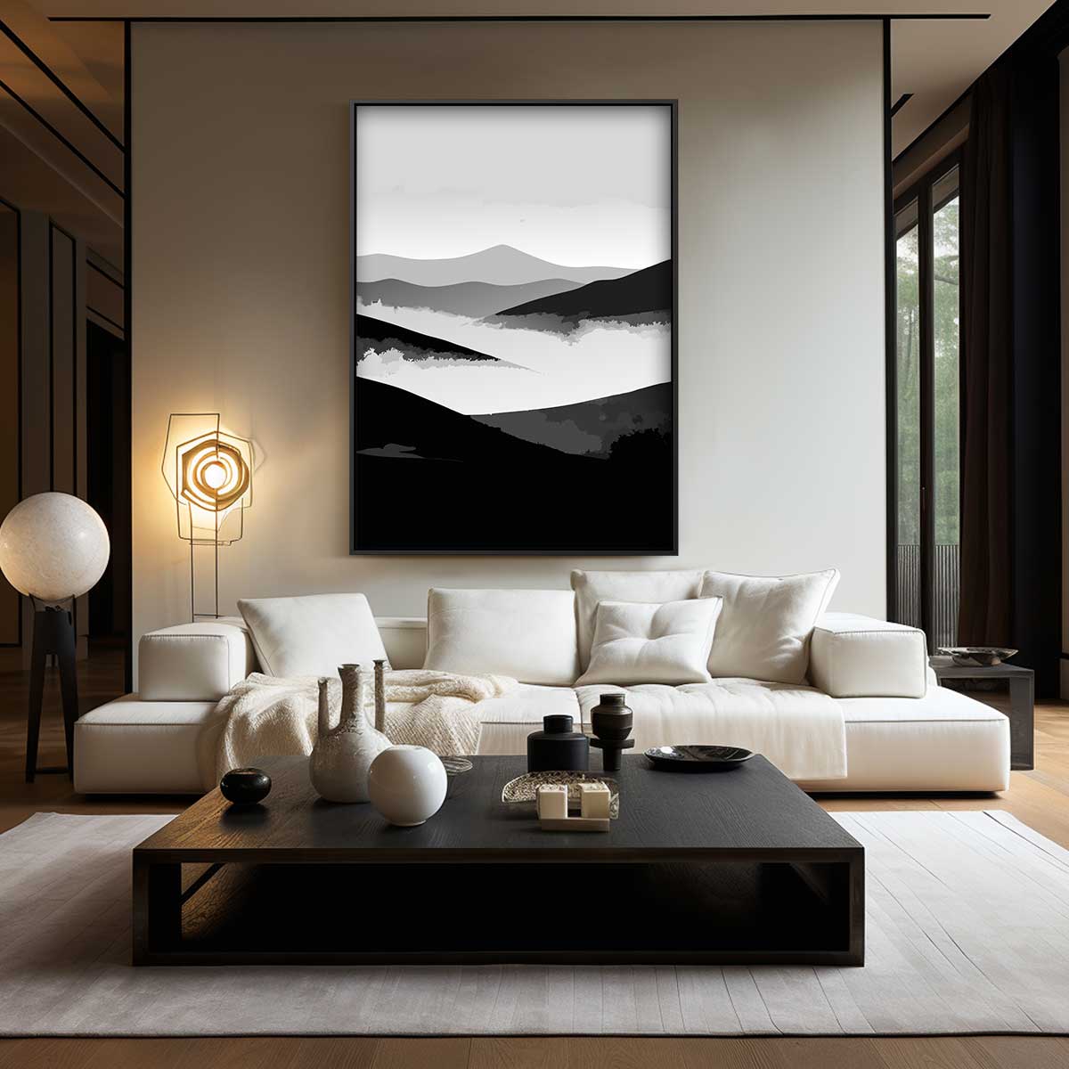 Dromerige Berglandschap in Zwart-Wit Kunstwerk-canvas-dibond-plexiglas-wanddecoratie-WallArtistic