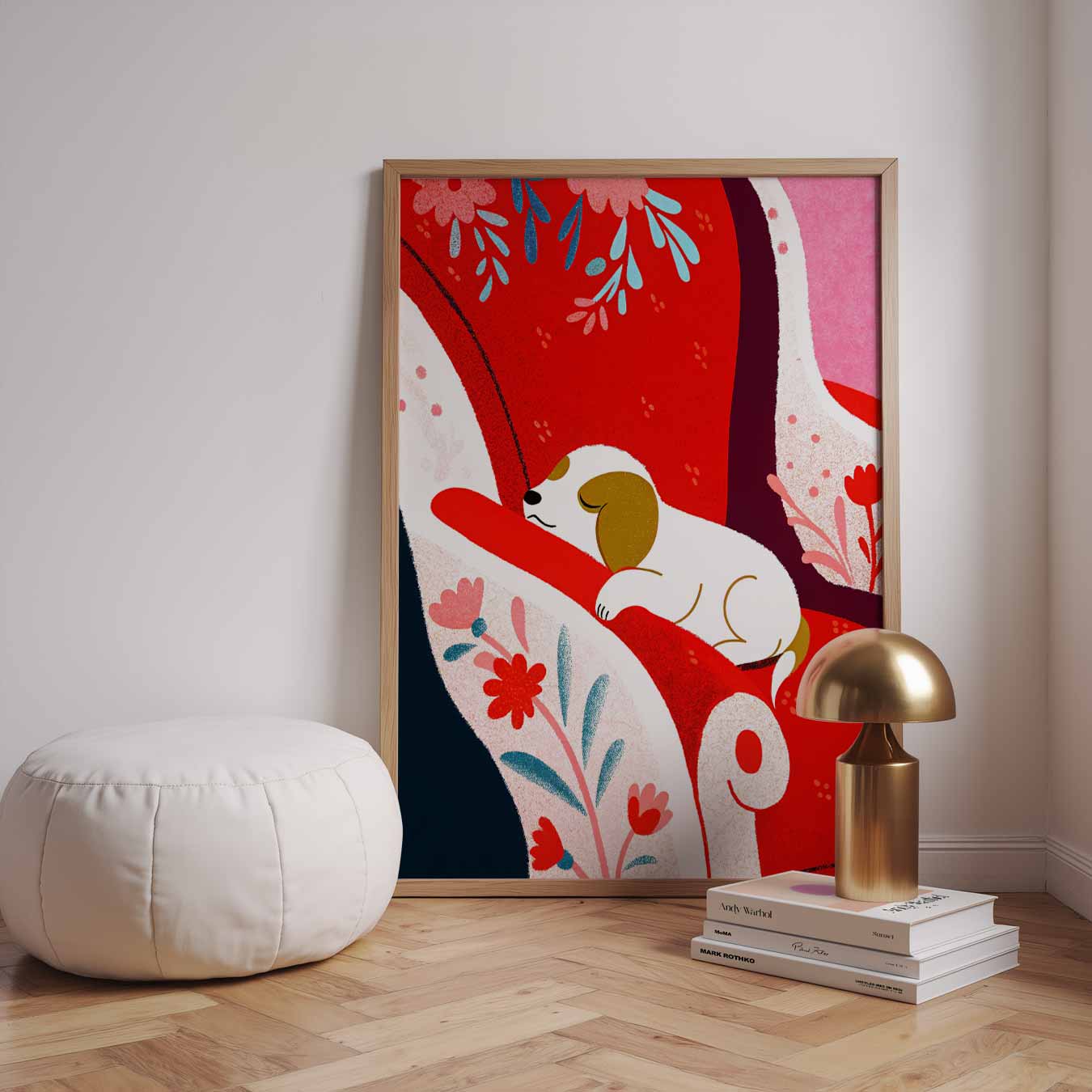 Schattige Puppy op Rode Fauteuil Poster-WallArtistic