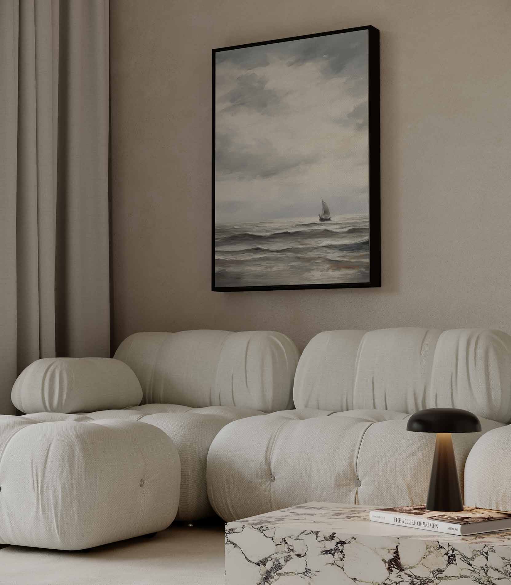 Eenzaam Zeilschip op de Woelige Zee Kunstwerk-canvas-dibond-plexiglas-wanddecoratie-WallArtistic