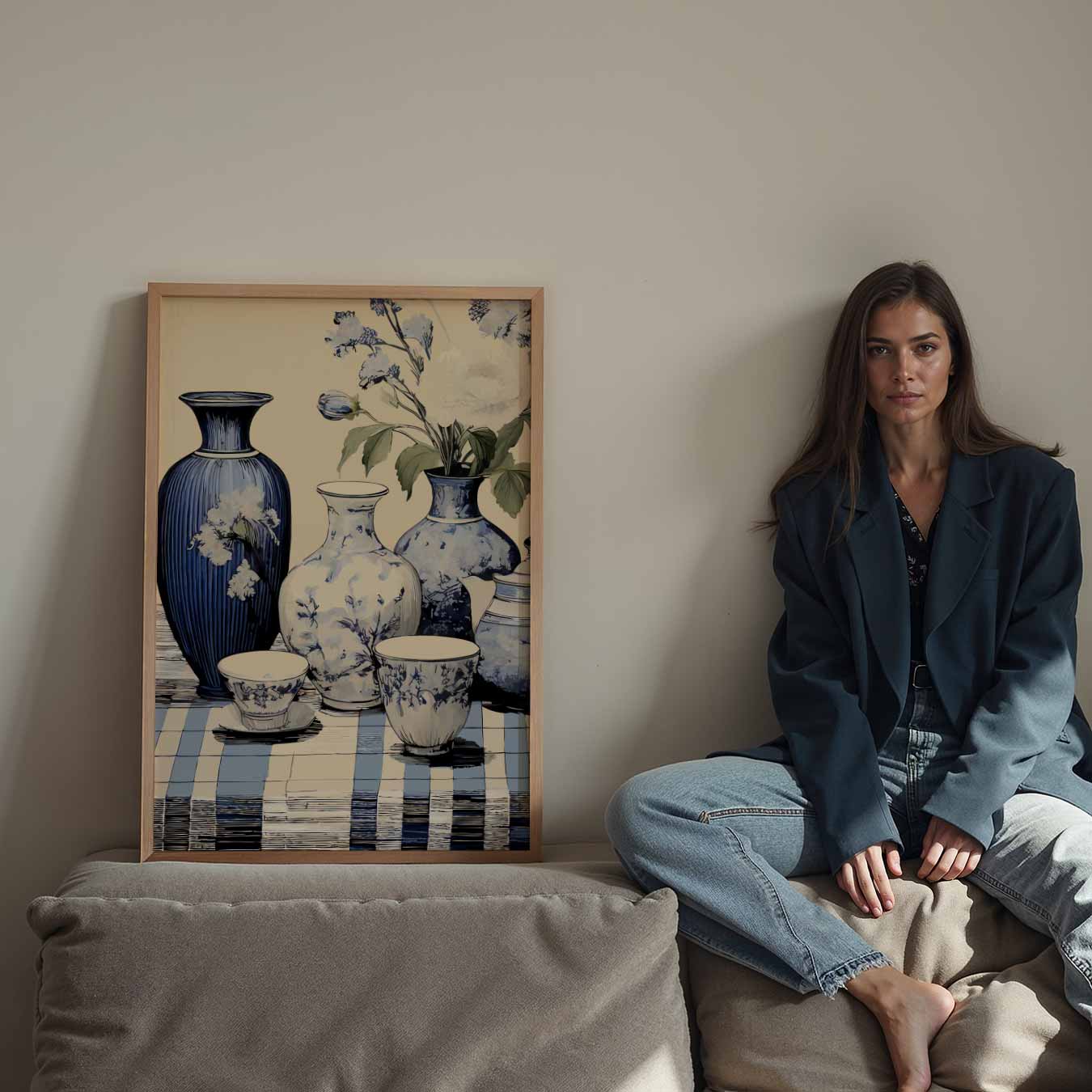 Elegant Blauwe Vaas Bloemen Poster