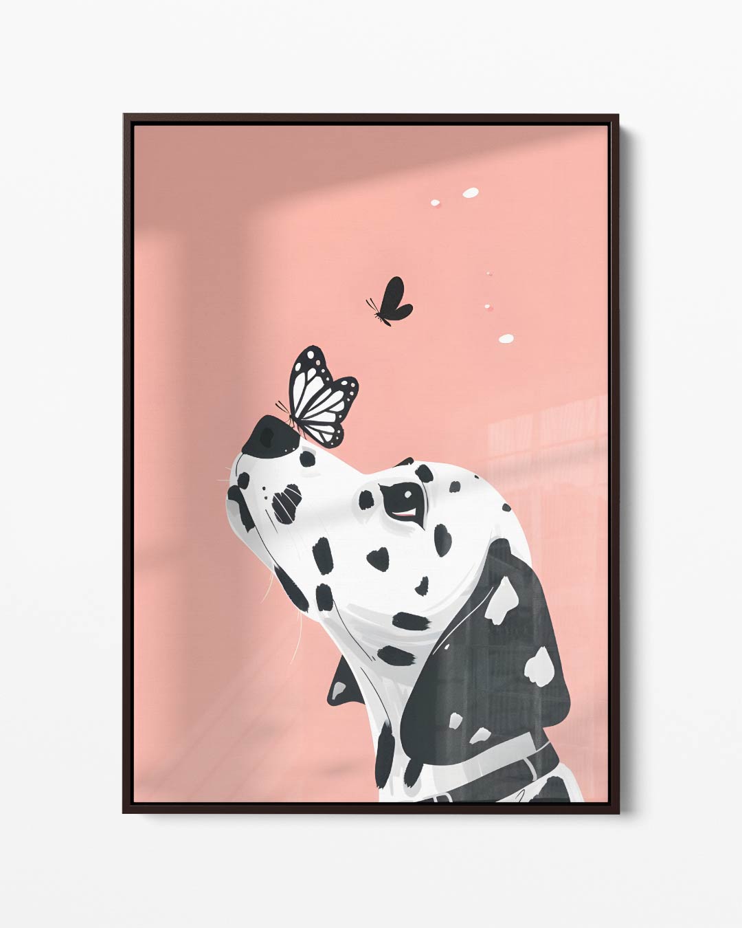 Dalmatier en Vlinder op Zachtroze Kunstwerk-canvas-dibond-plexiglas-wanddecoratie-WallArtistic